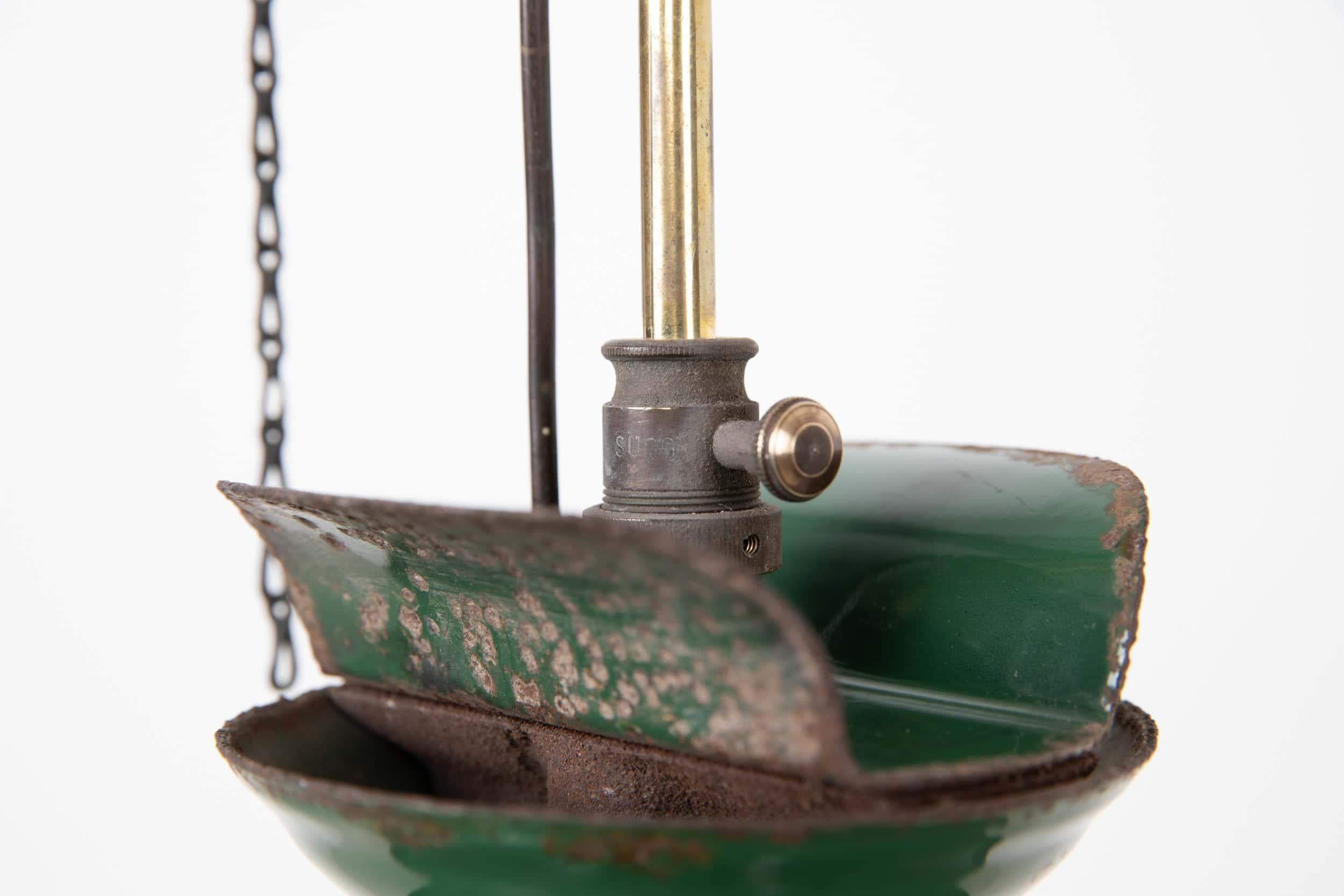 Antique Industrial Green Enamel Railway Gas Pendant Light, C.1900 For Sale 1