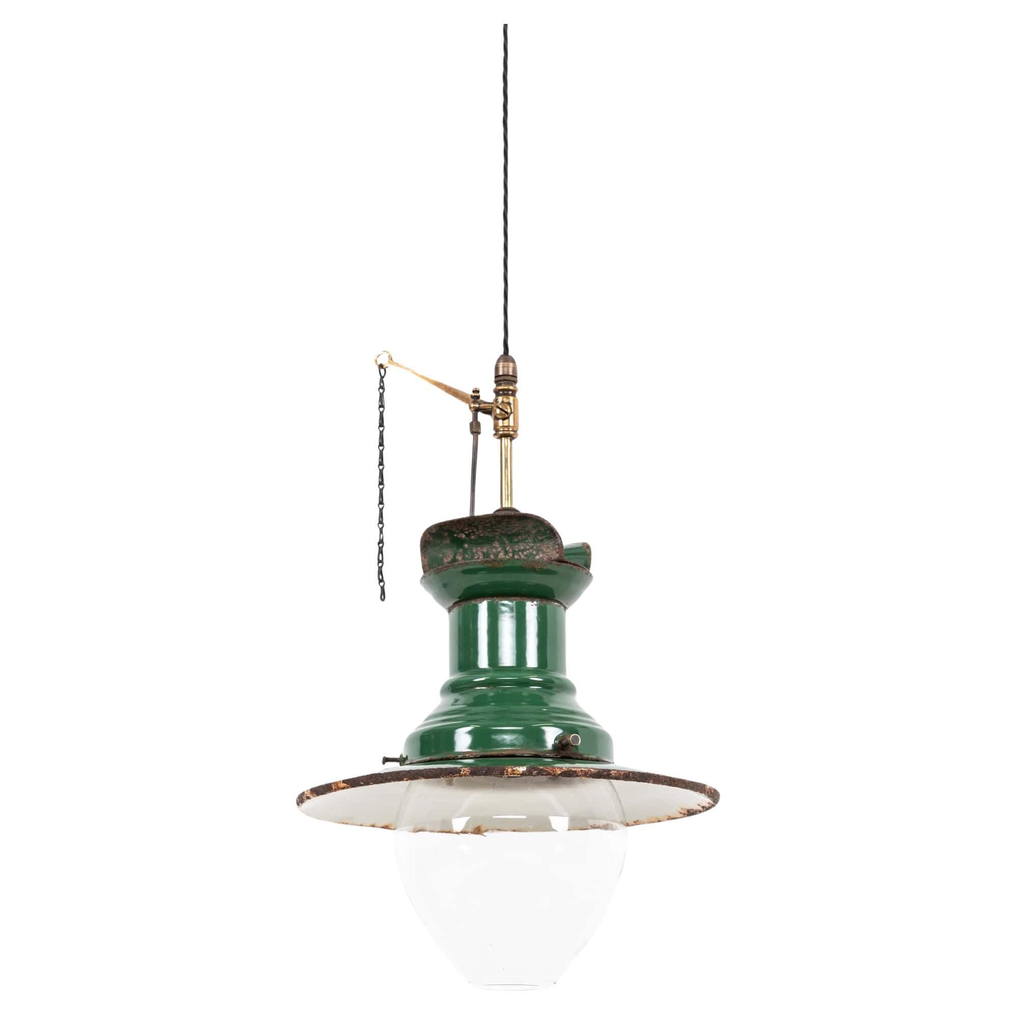 Antique Industrial Green Enamel Railway Gas Pendant Light, C.1900 For Sale