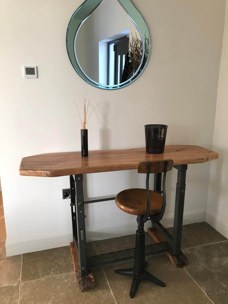 20th Century Antique Industrial Iron Hall Table from Singer, 1920s with Wooden Top and Base For Sale