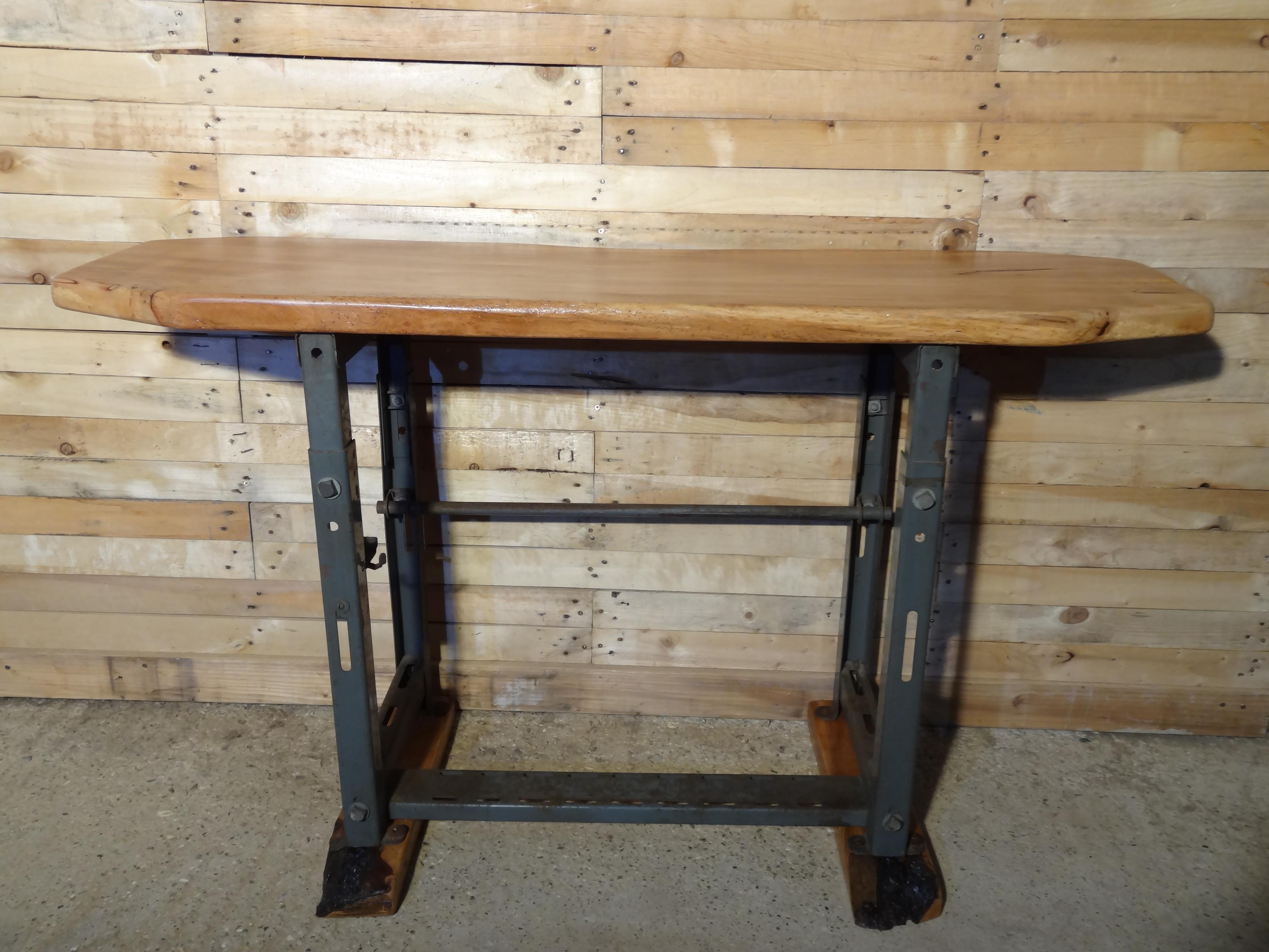 Antique Industrial Iron Hall Table from Singer, 1920s with Wooden Top and Base For Sale 1