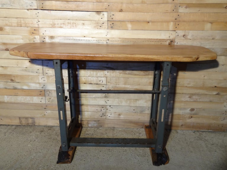Antique Industrial Iron Hall Table from Singer, 1920s with Wooden Top and Base For Sale 2