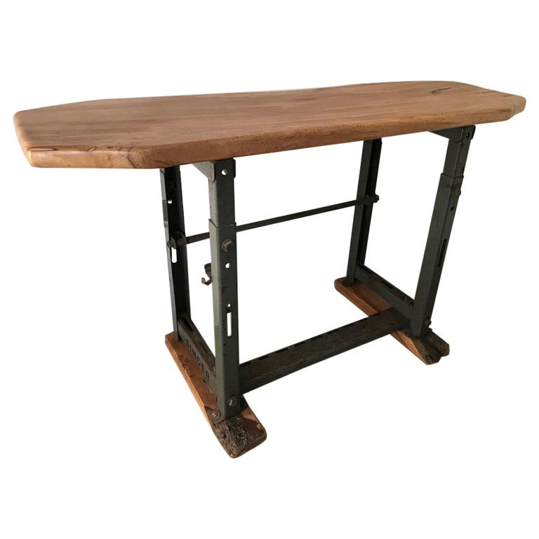 Antique Industrial Iron Hall Table from Singer, 1920s with Wooden Top and Base For Sale