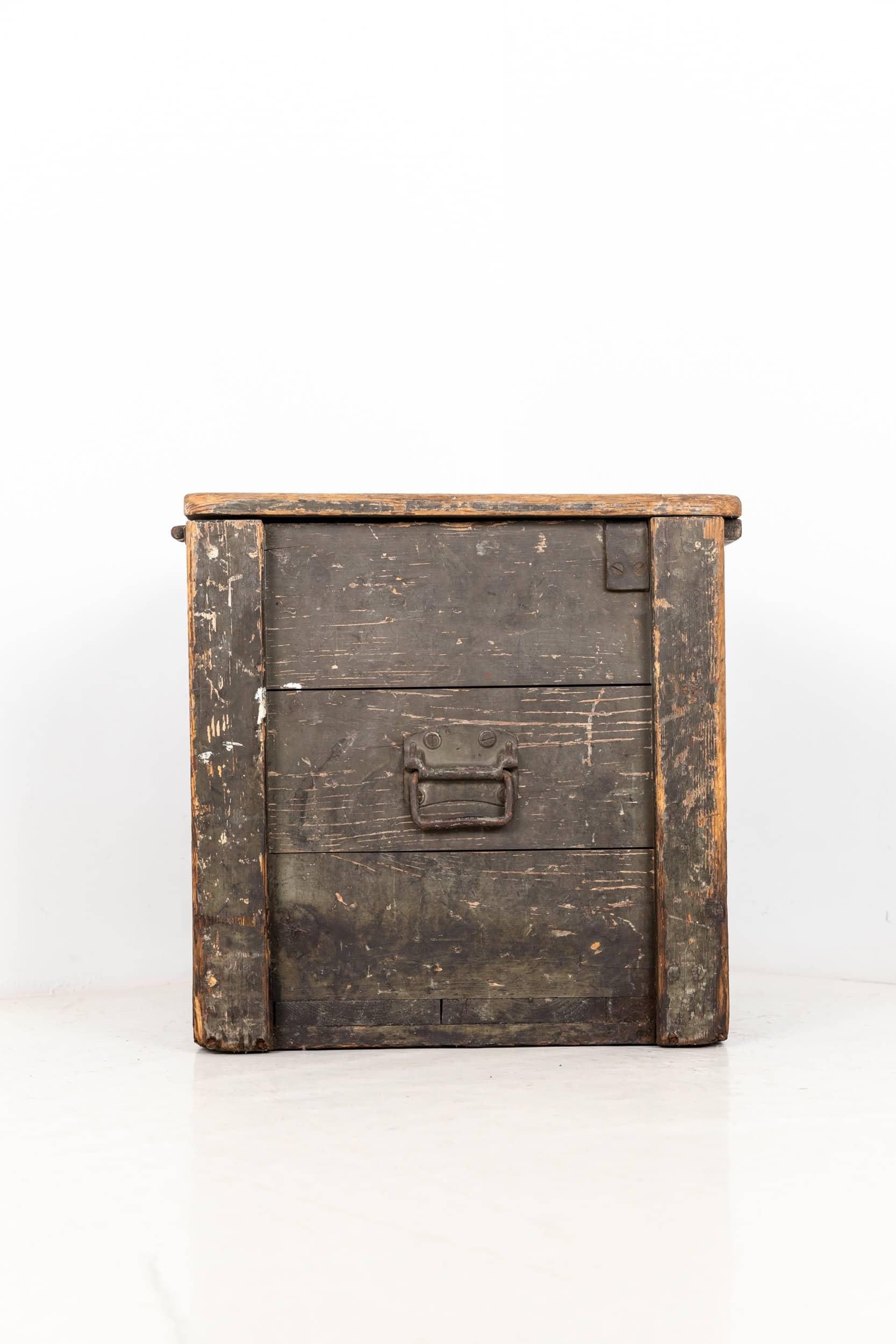 English Antique Industrial Large Painted Wooden Tool Chest Trunk Box, C.1940 For Sale