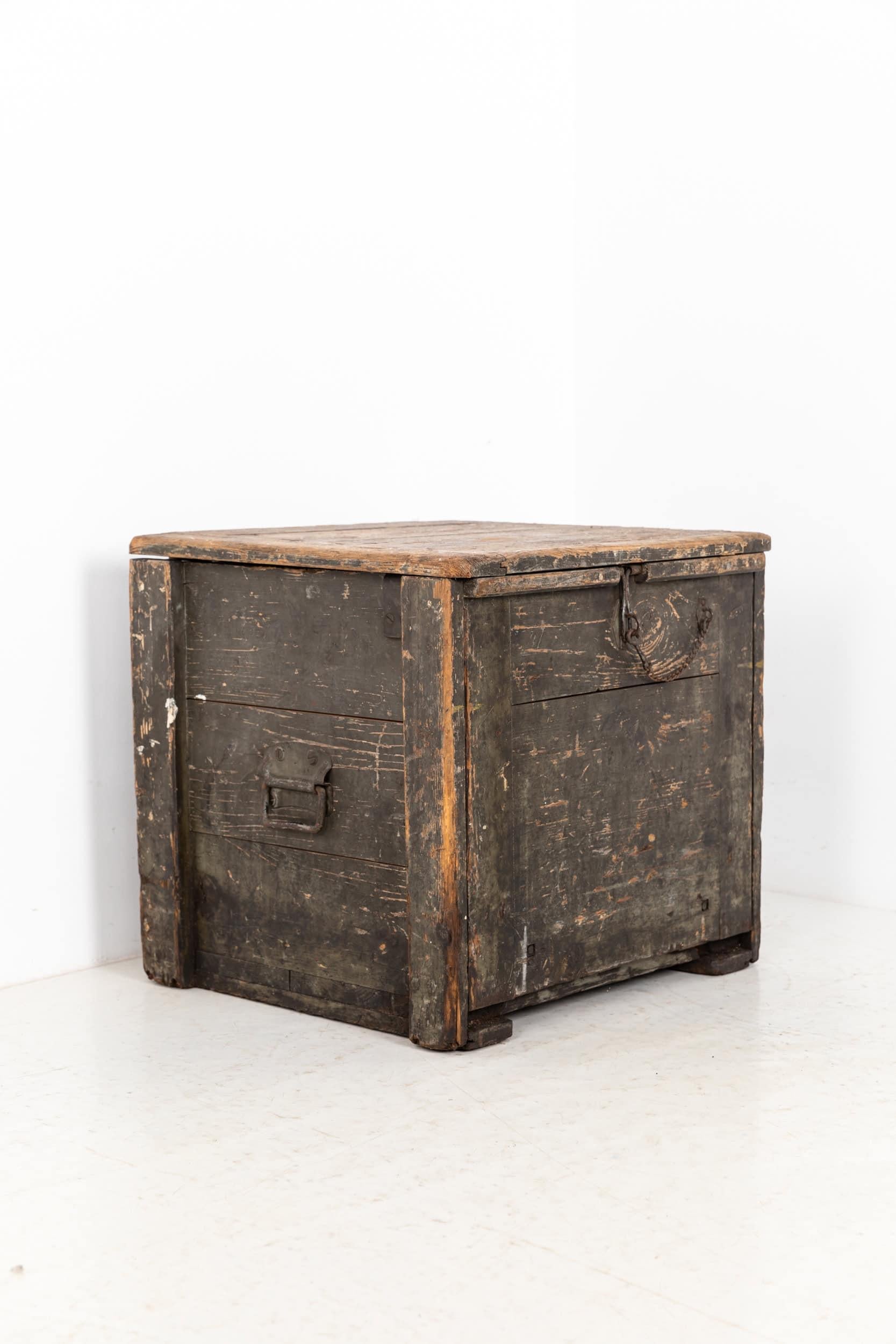 Hand-Crafted Antique Industrial Large Painted Wooden Tool Chest Trunk Box, C.1940 For Sale
