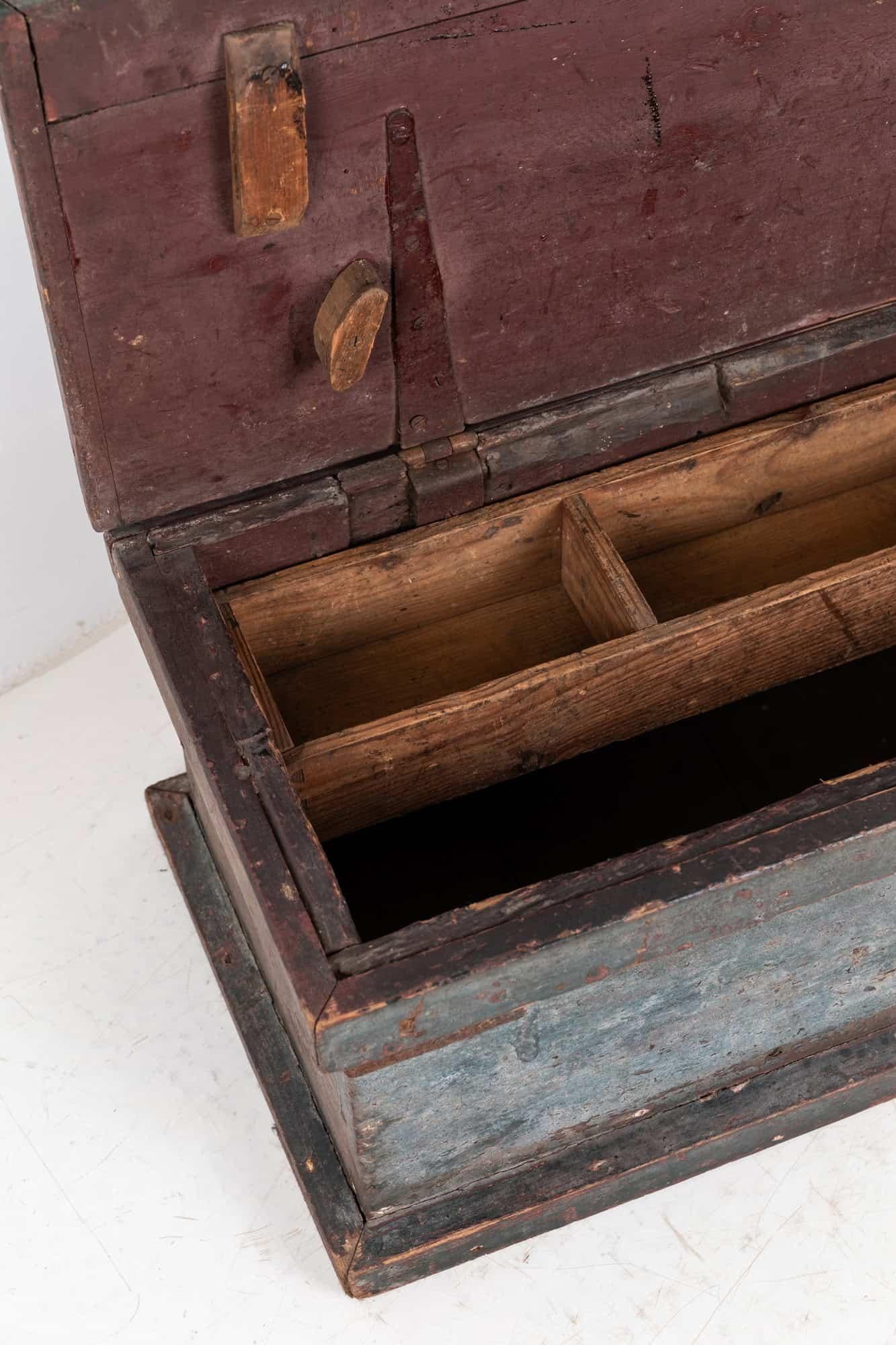 Hand-Crafted Antique Industrial Large Victorian Painted Wooden Tool Chest Trunk, C.1900