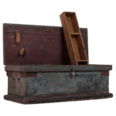 Antique Industrial Large Victorian Painted Wooden Tool Chest Trunk, C.1900