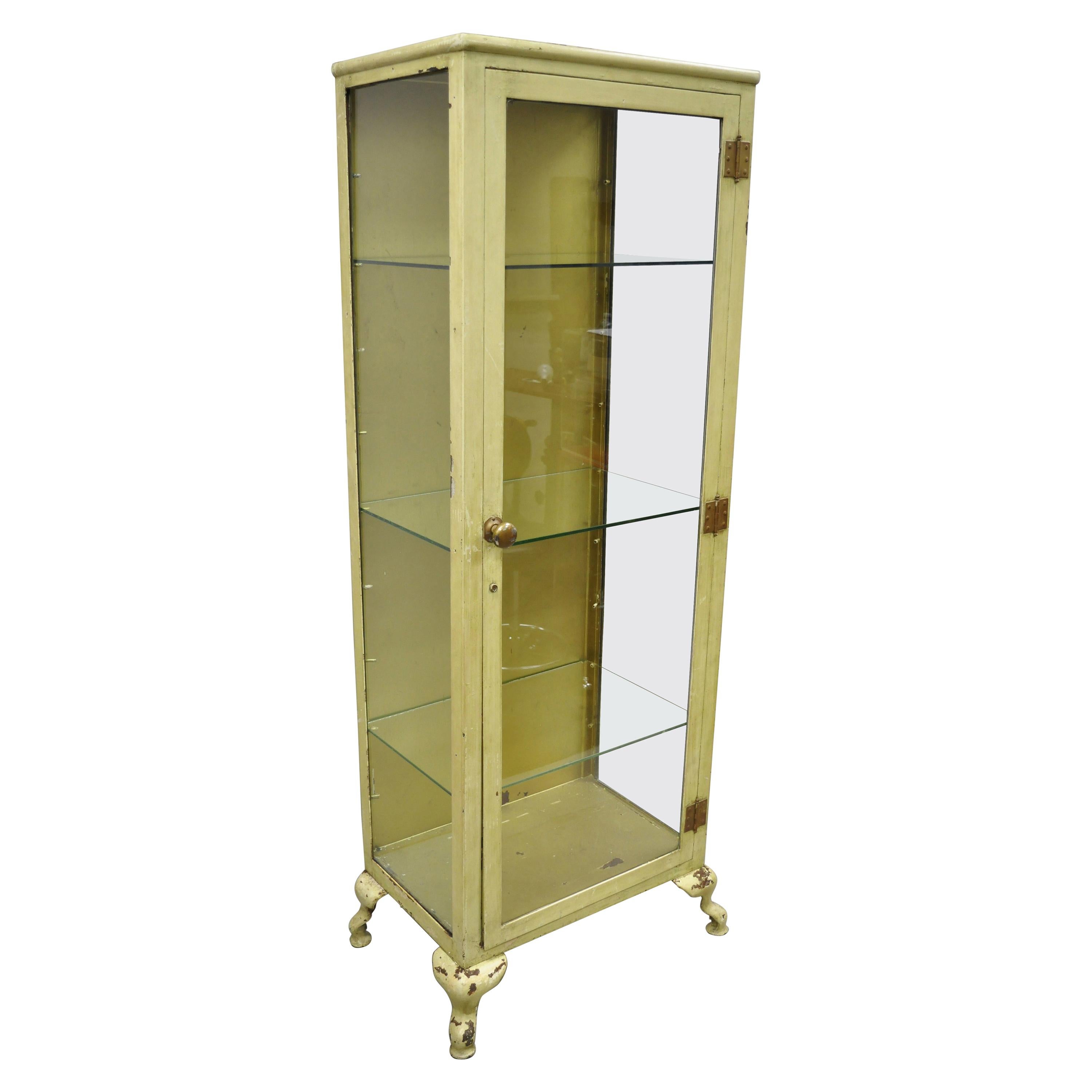 Antique Industrial Metal and Glass Medical Storage Dental Tall Bathroom Cabinet