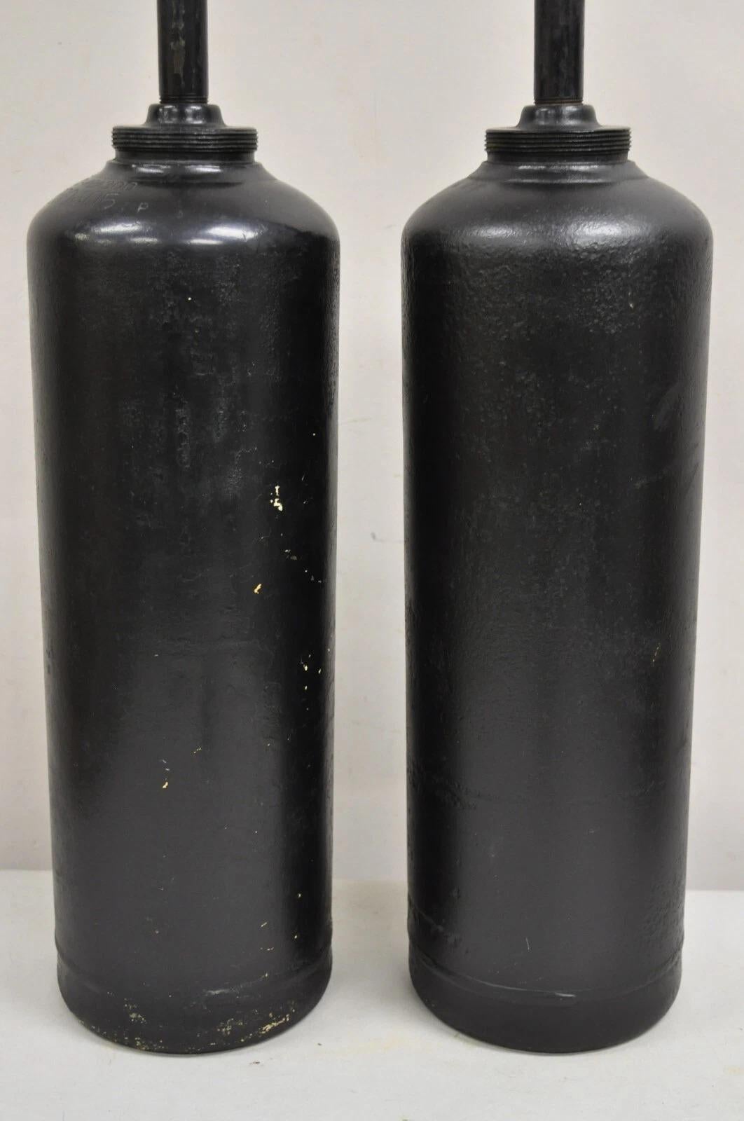 Antique Industrial Modern Black Fuel Cylinder Converted Steel Table Lamp - Pair In Good Condition For Sale In Philadelphia, PA