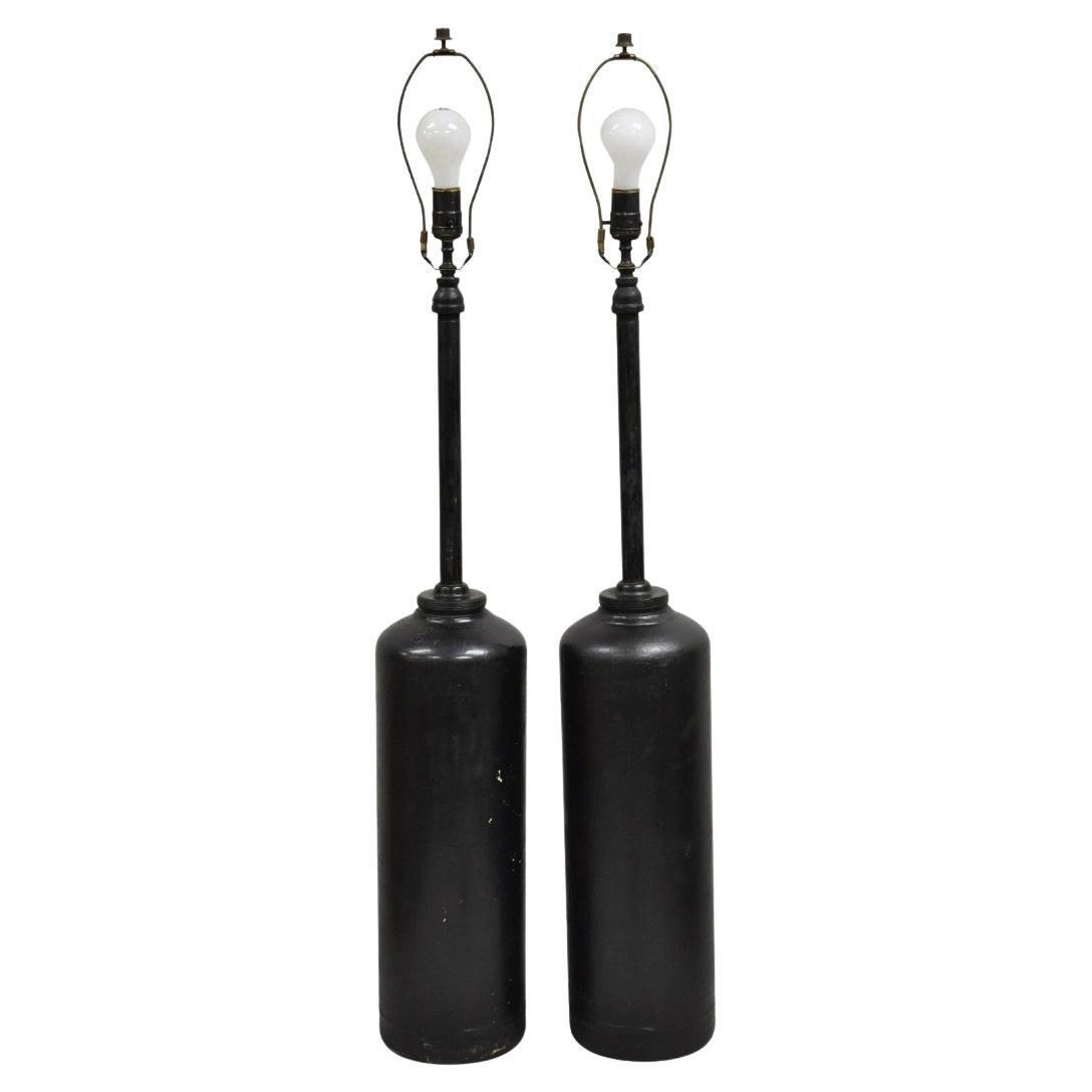 Antike industrielle moderne schwarze Fuel-Zylinder-Tischlampe aus gedrechseltem Stahl, Industrie, modern, Paar