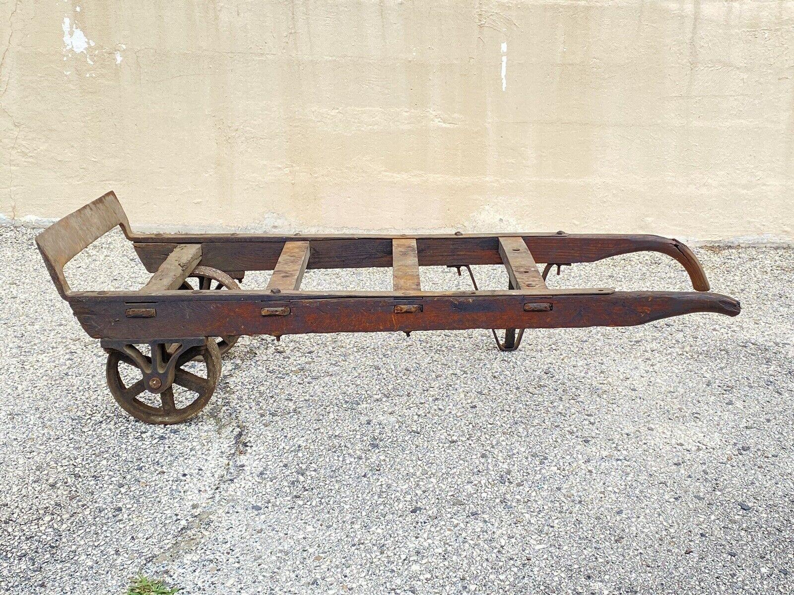 Antique Industrial Modern Vintage Factory Hand Truck Oak Wood and Iron Metal For Sale 3
