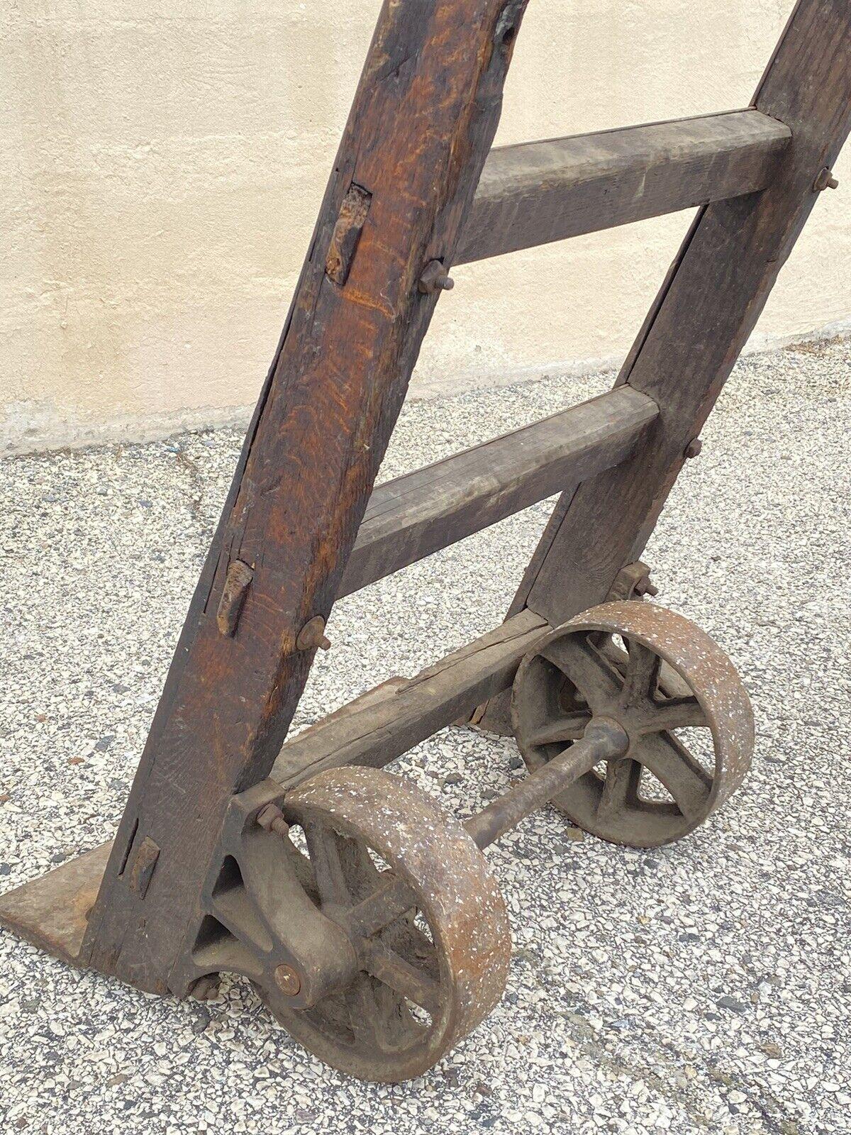 Antique Industrial Modern Vintage Factory Hand Truck Oak Wood and Iron Metal For Sale 4
