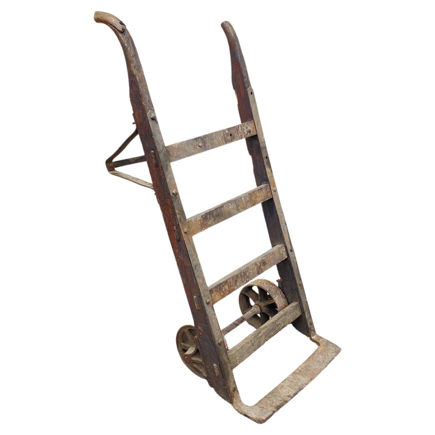 Antique Industrial Modern Vintage Factory Hand Truck Oak Wood and Iron Metal For Sale