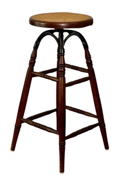 Antique Industrial Oak and Iron Drafting, Architect Swivel Stool with Cane Seat