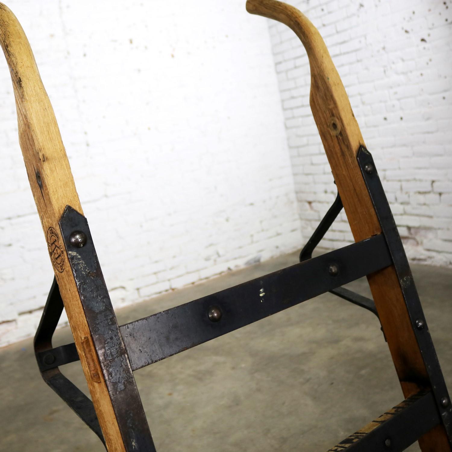 Antique Industrial Oak and Iron Hand Truck Trolley Marked K&J of Columbus Ohio 3