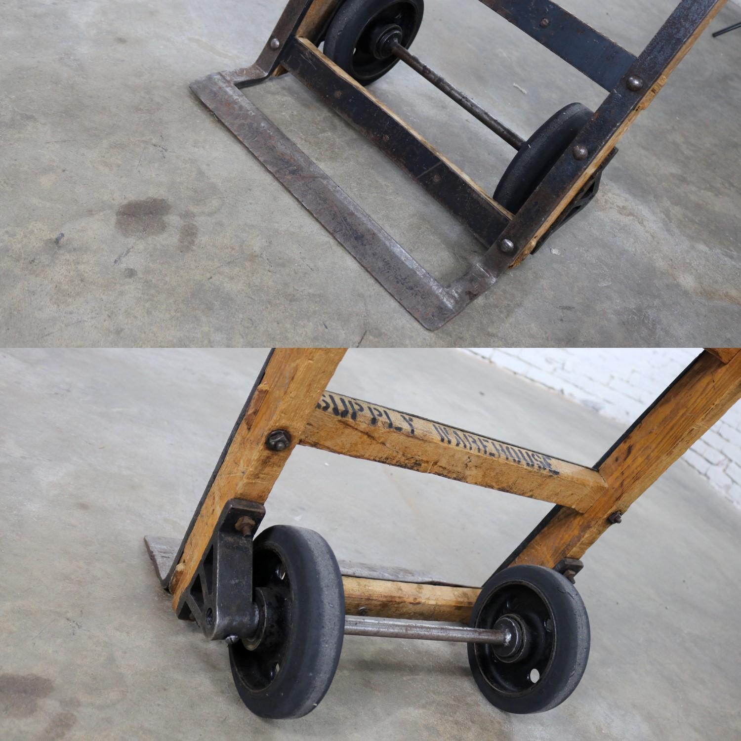 Antique Industrial Oak and Iron Hand Truck Trolley Marked K&J of Columbus Ohio 6