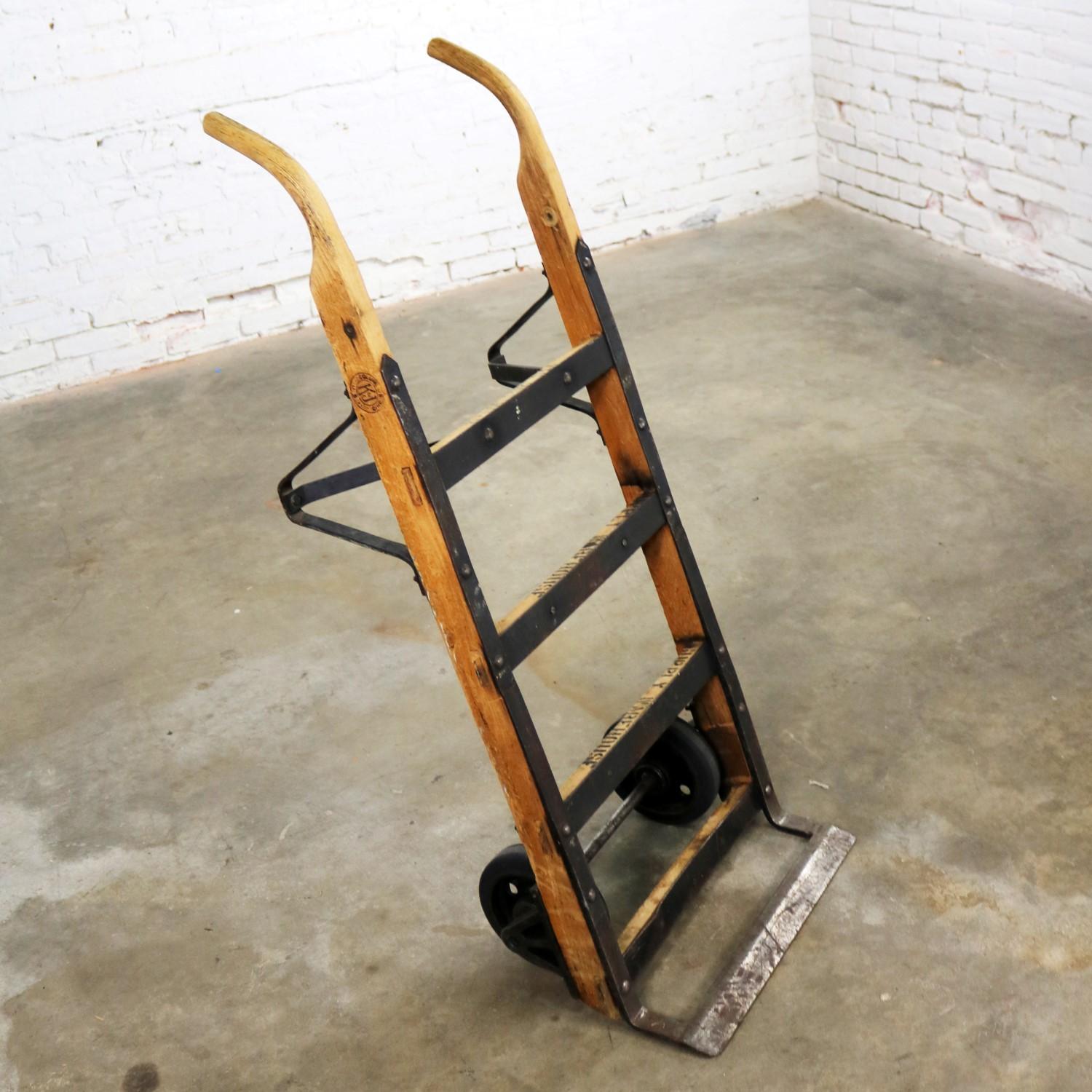 American Antique Industrial Oak and Iron Hand Truck Trolley Marked K&J of Columbus Ohio