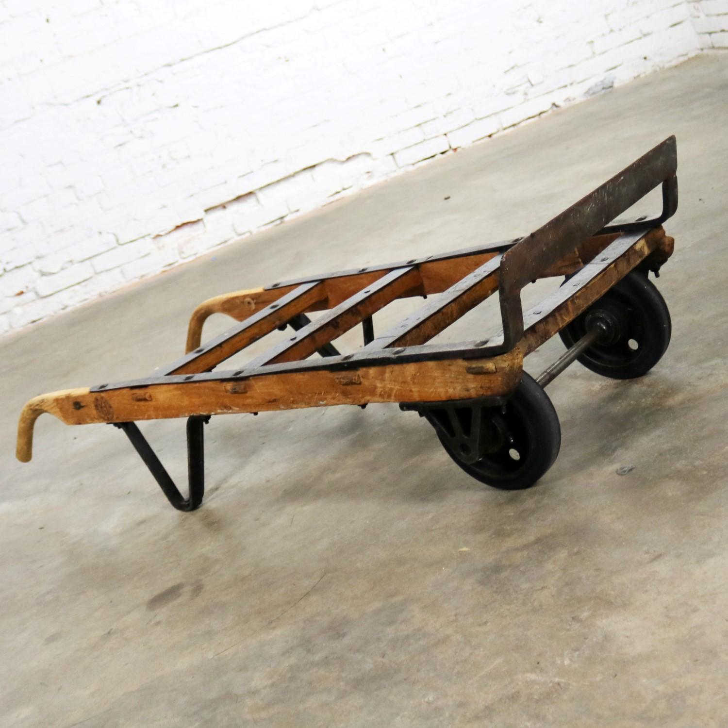 20th Century Antique Industrial Oak and Iron Hand Truck Trolley Marked K&J of Columbus Ohio
