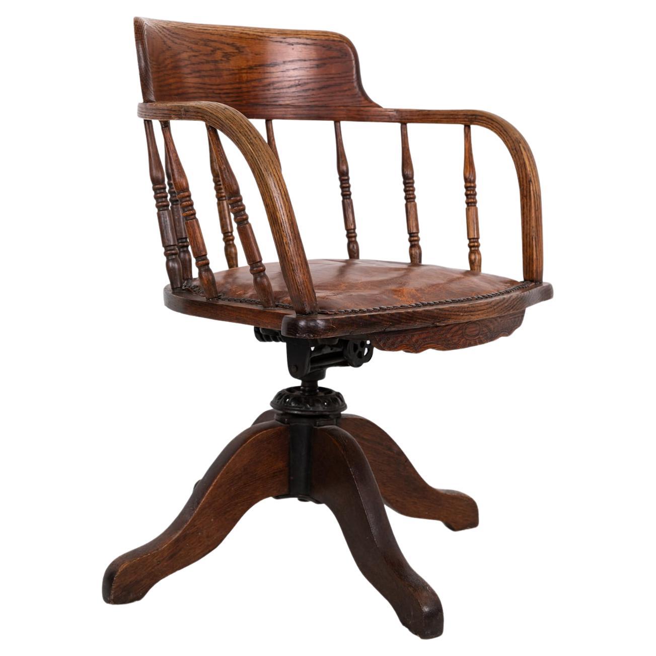 Antique Industrial Oak Swivel Desk Chair, c.1920