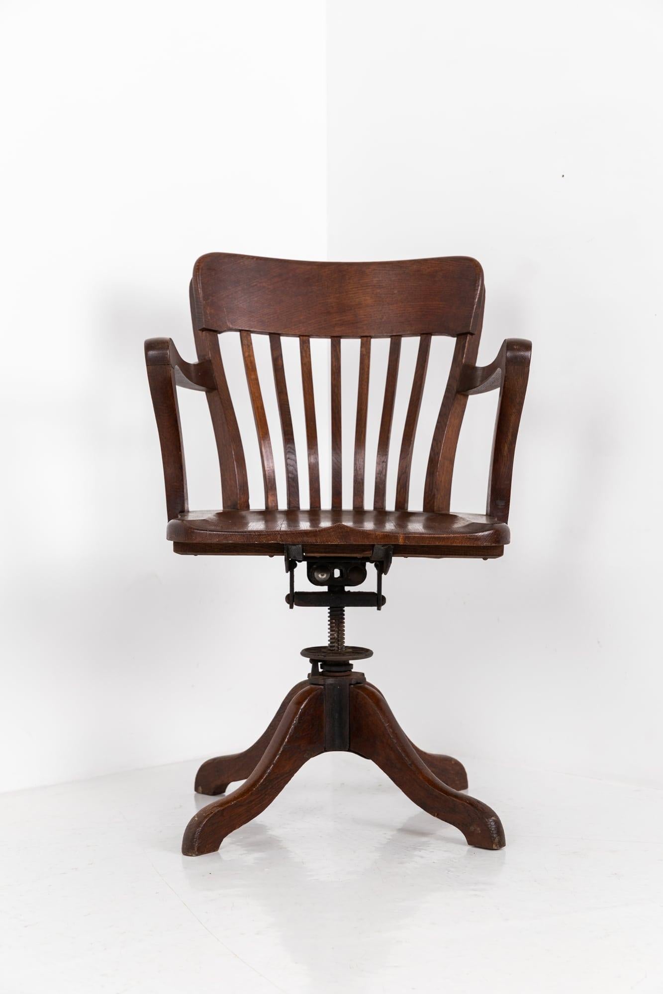 Leather Antique Industrial Oak Swivel Desk Chair, c.1940
