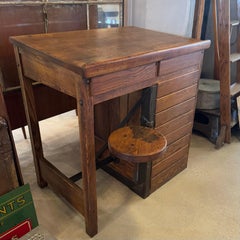 Antique Industrial Oak Wood Typesetter Desk With Swing-Out Seat