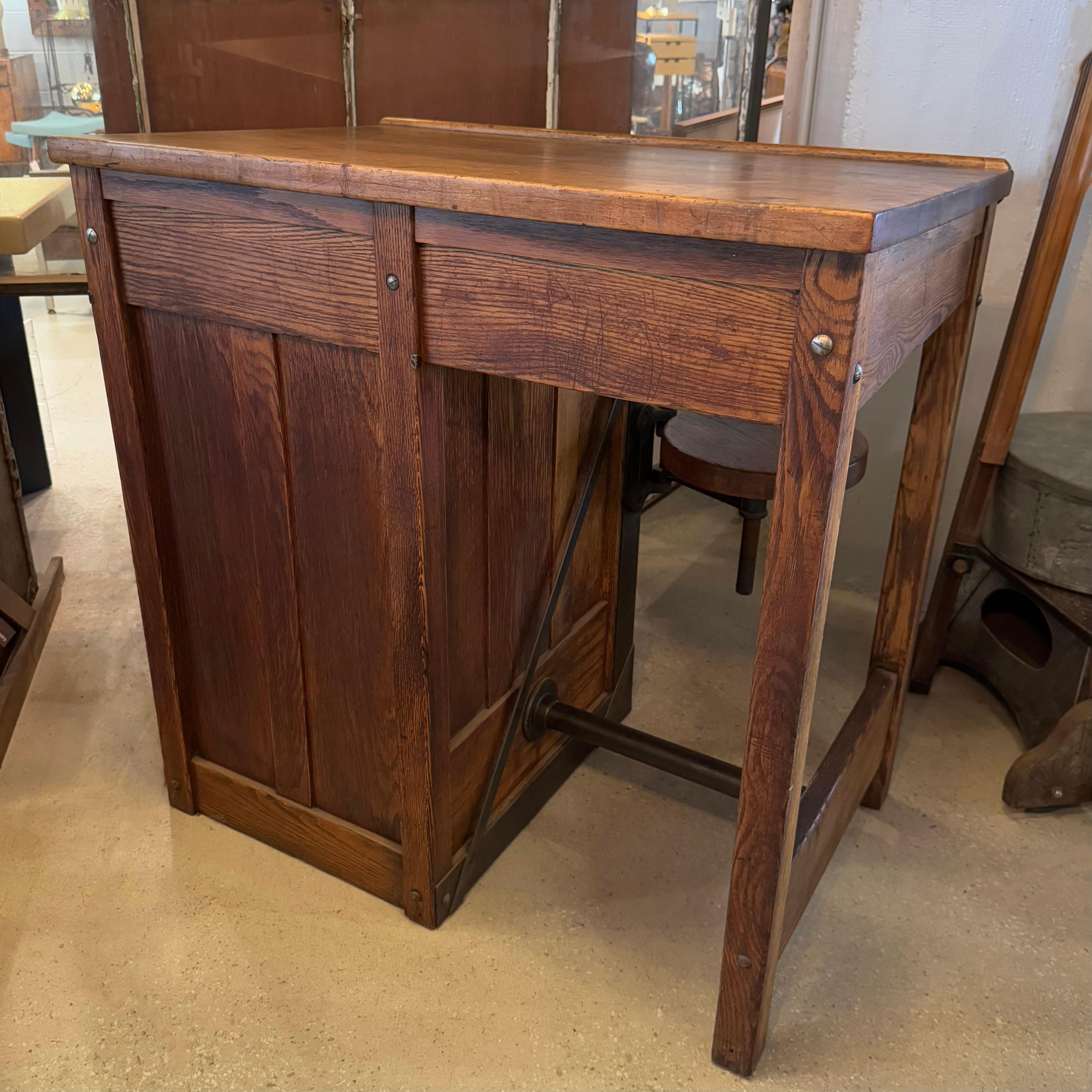 Antique Industrial Oak Wood Typesetter Desk With Swing-Out Seat For Sale 1