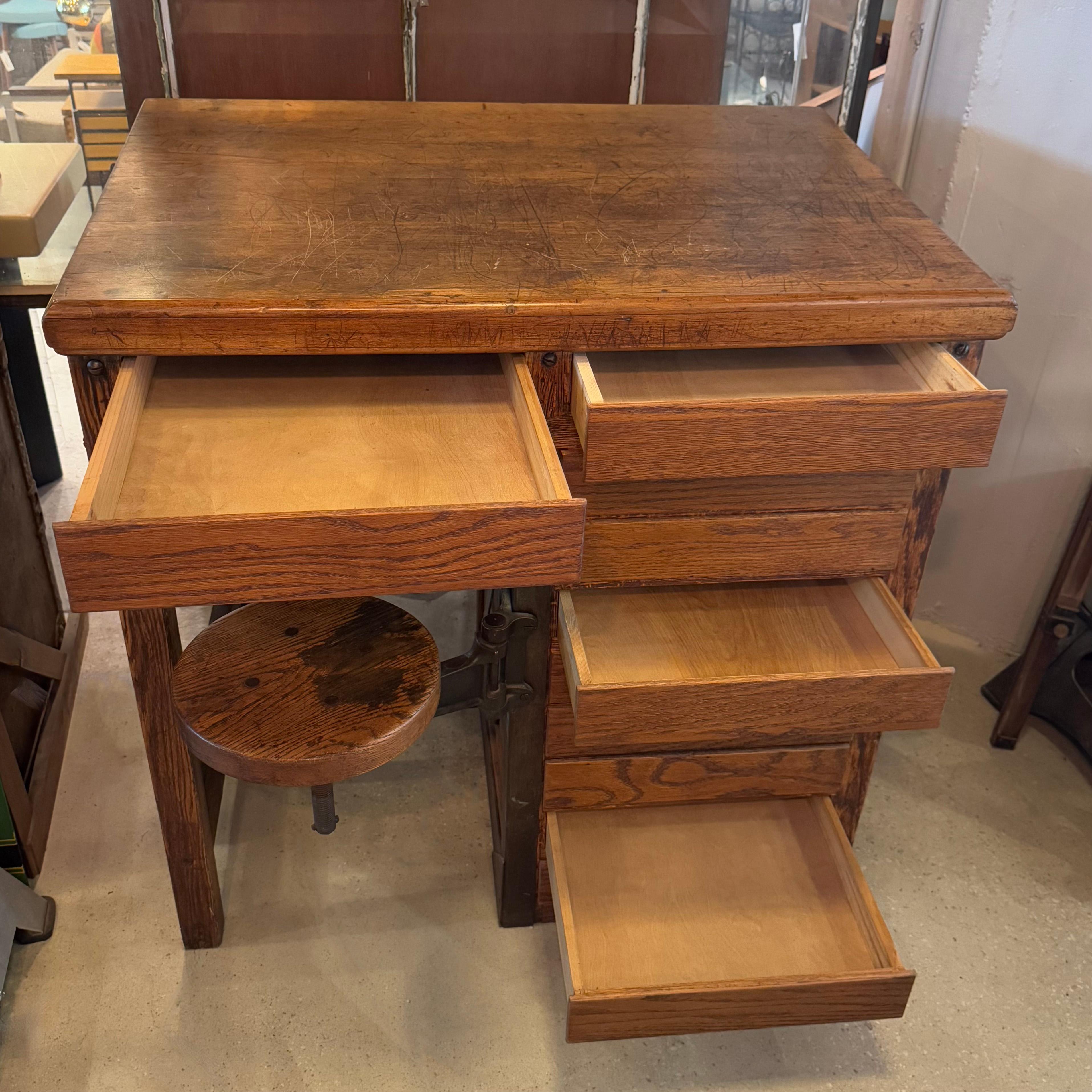 Antique Industrial Oak Wood Typesetter Desk With Swing-Out Seat For Sale 2
