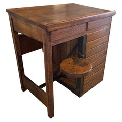 Antique Industrial Oak Wood Typesetter Desk With Swing-Out Seat