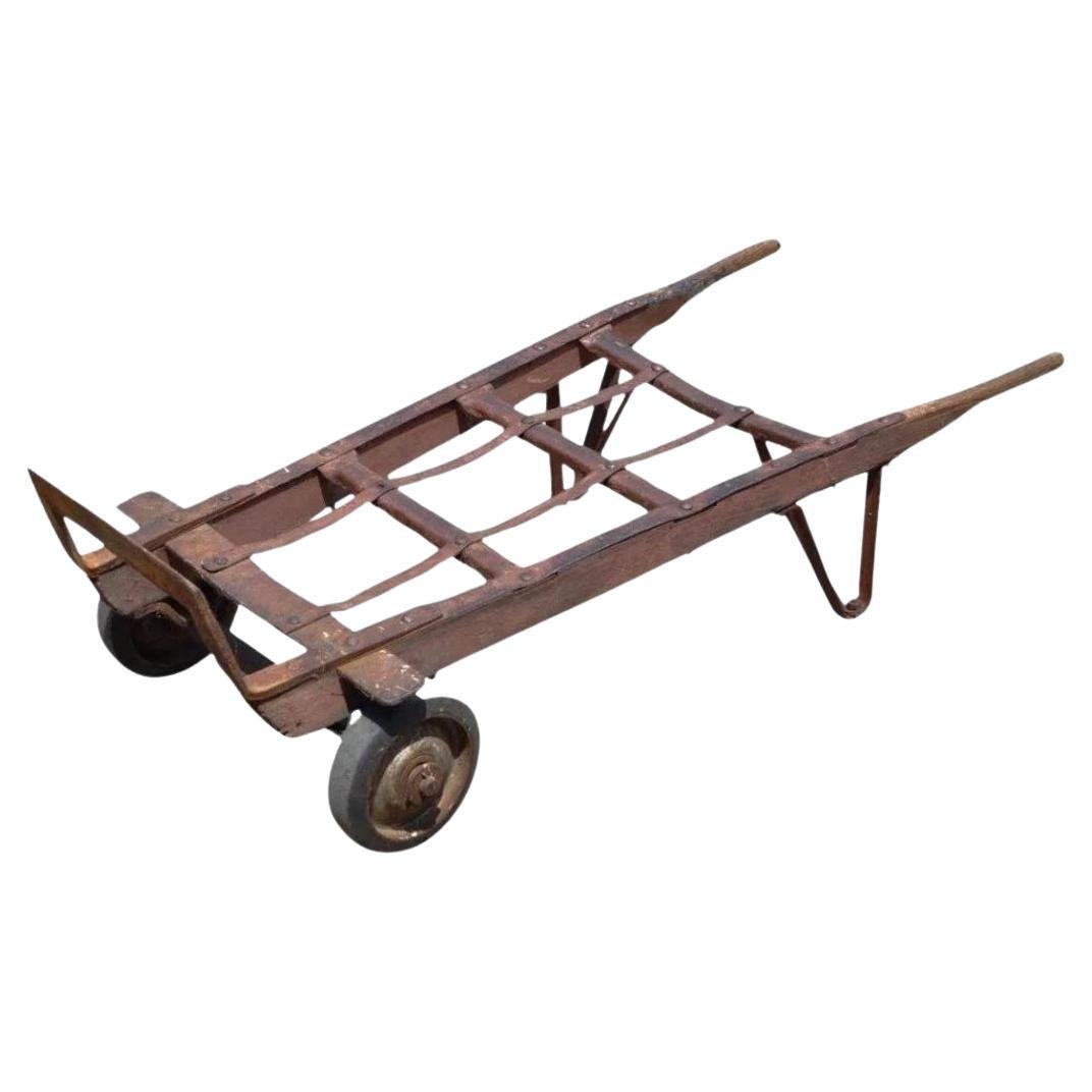 Antique Industrial Steampunk Distressed Iron & Wood Rolling Hand Truck Cart For Sale