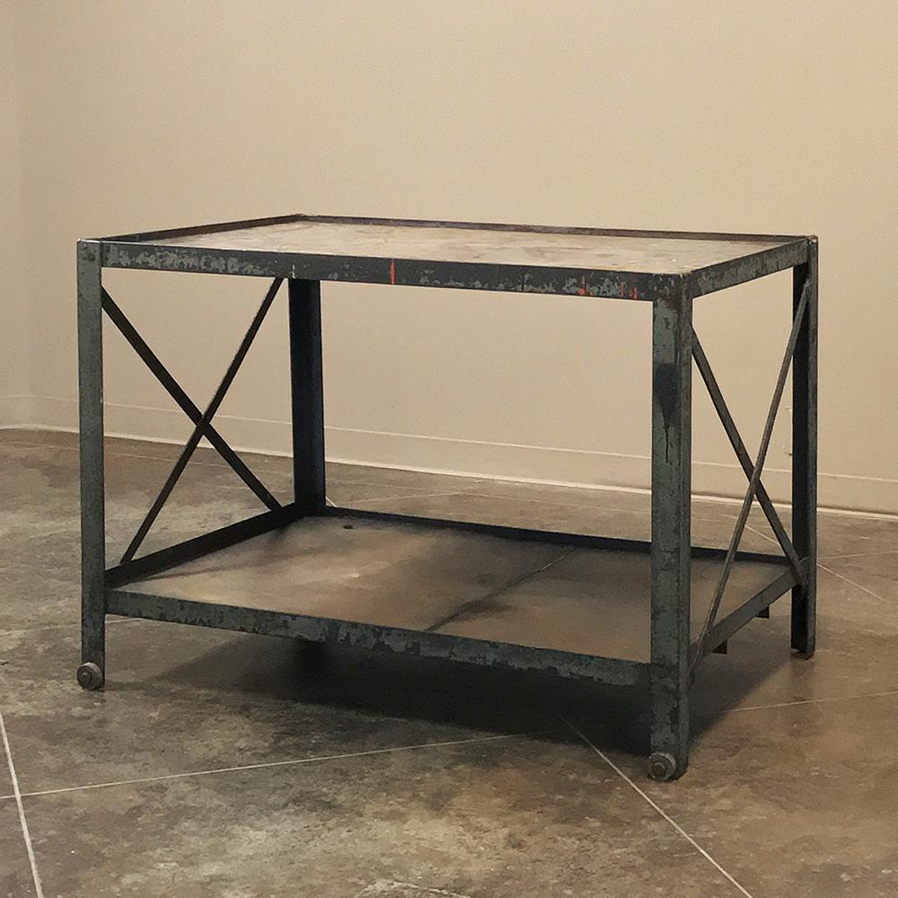 Antique industrial steel cart ~ table is ideal for the casual decor, and features sturdy all-steel construction that will last for decade after decade! Such carts were produced for manufacturing facilities and used for a variety of purposes. Great