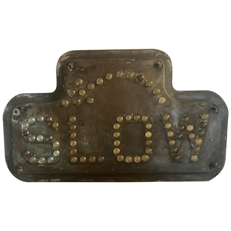Antique Industrial Traffic Control Road Sign "SLOW" Brass with Glass  Reflectors at 1stDibs