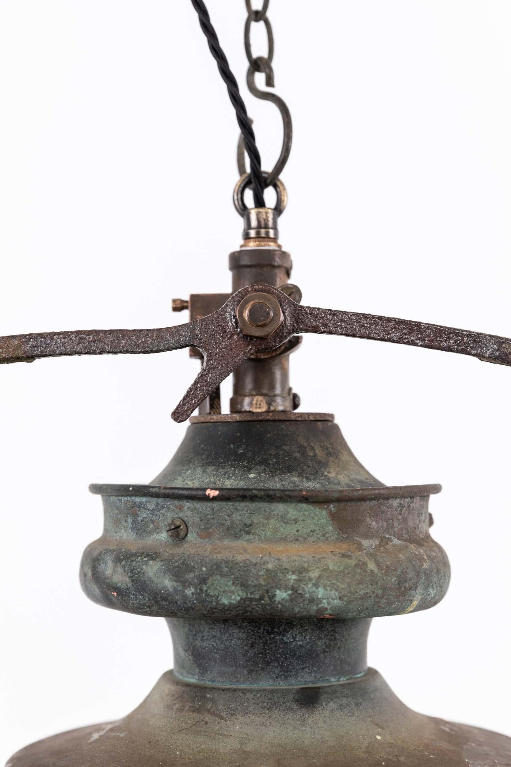 English Antique Industrial Victorian Copper Enamel Railway Gas Pendant Light, C.1890