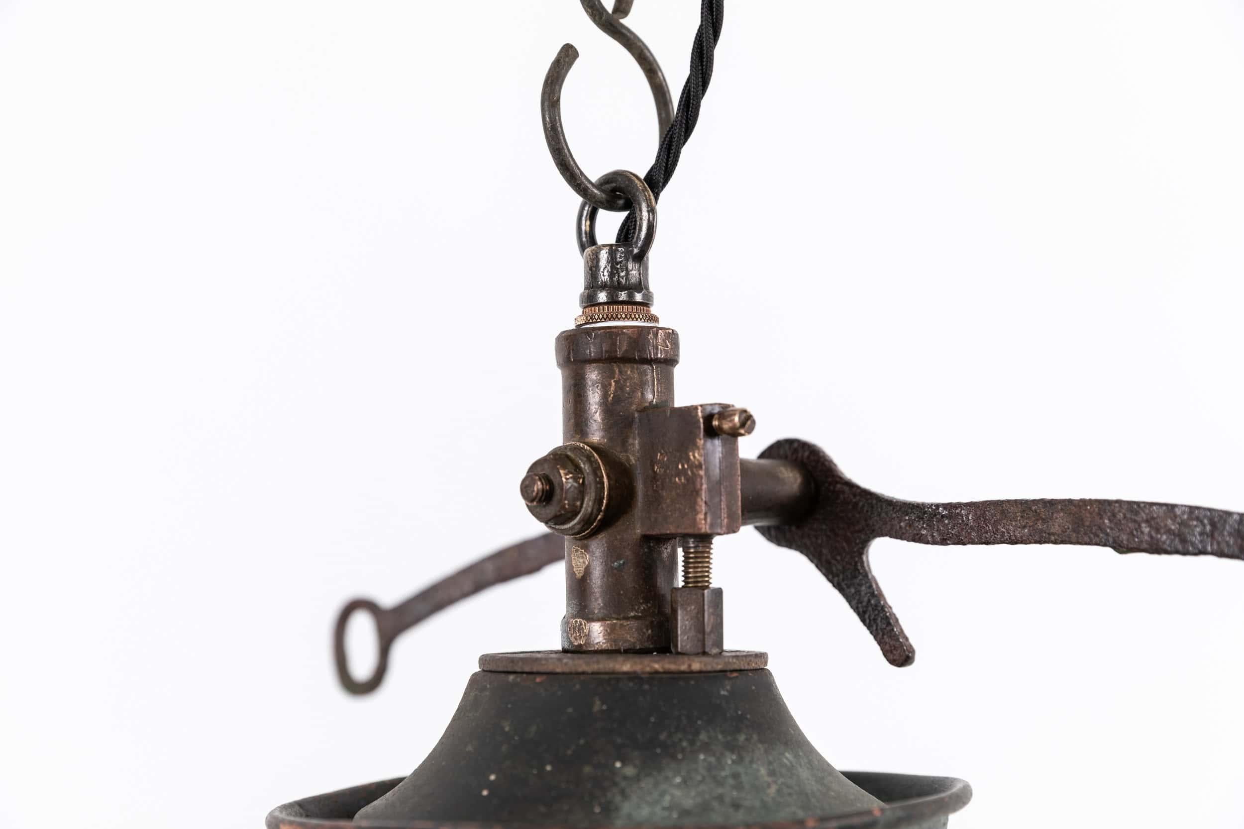 19th Century Antique Industrial Victorian Copper Enamel Railway Gas Pendant Light, C.1890