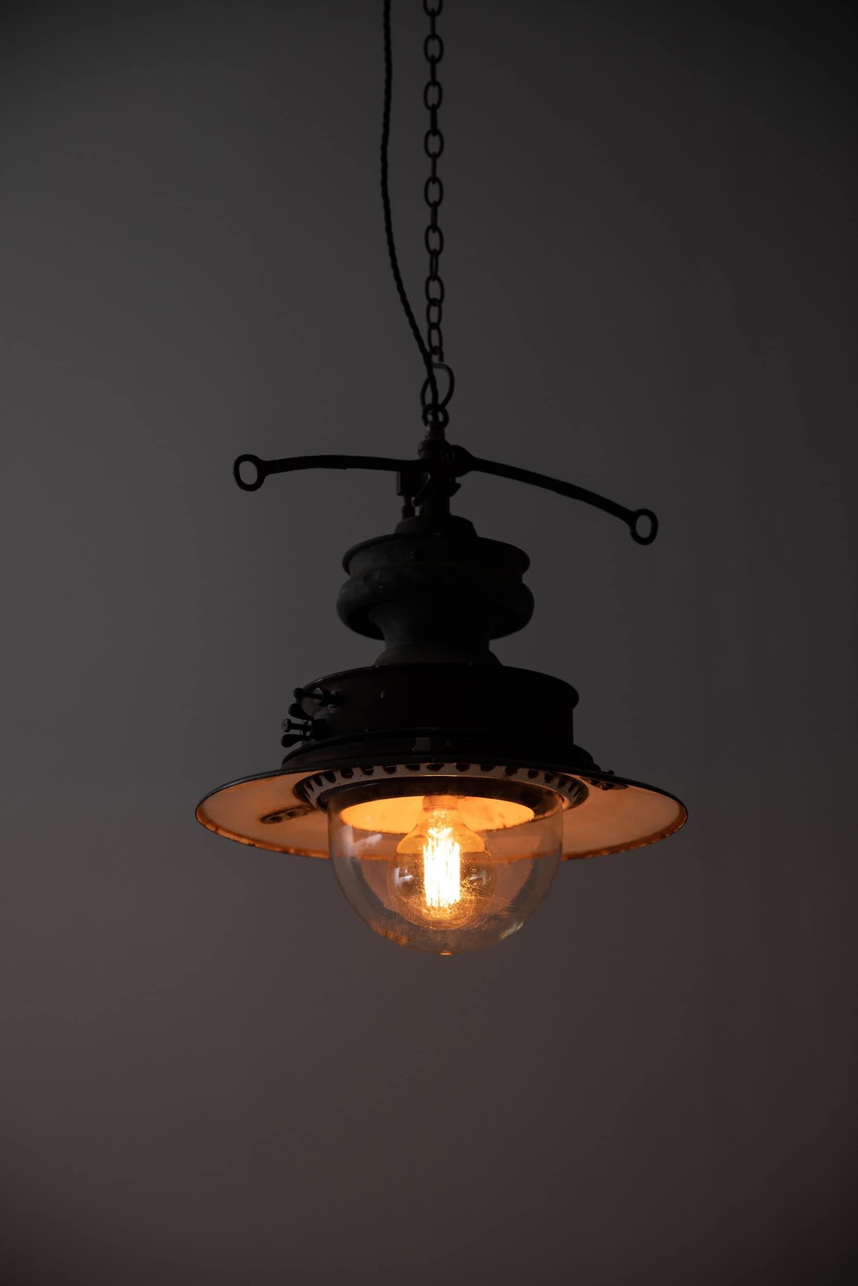 Antique Industrial Victorian Copper Enamel Railway Gas Pendant Light, C.1890 2