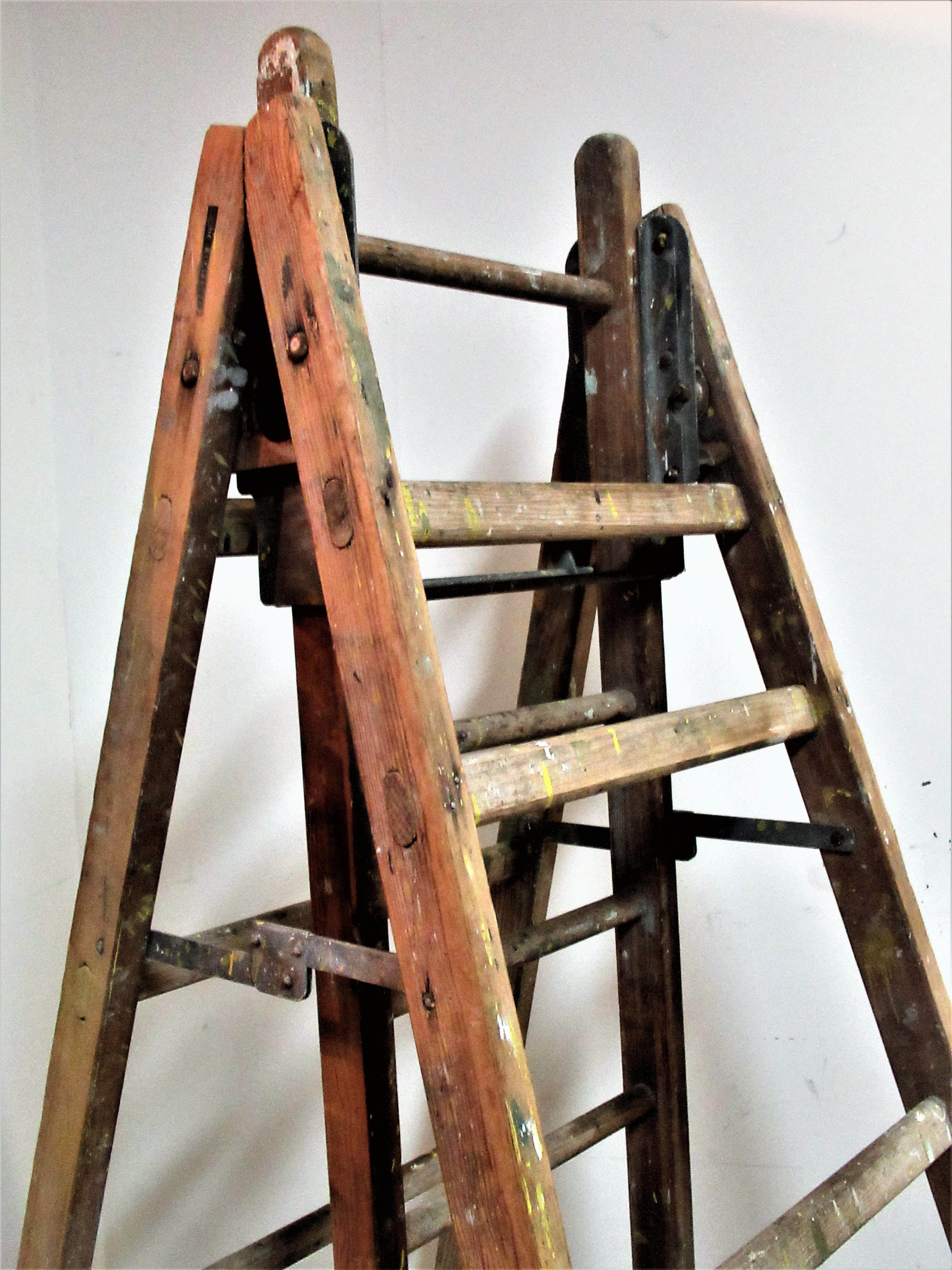 Antique Industrial Wood and Steel Extension Ladders In Good Condition In Rochester, NY