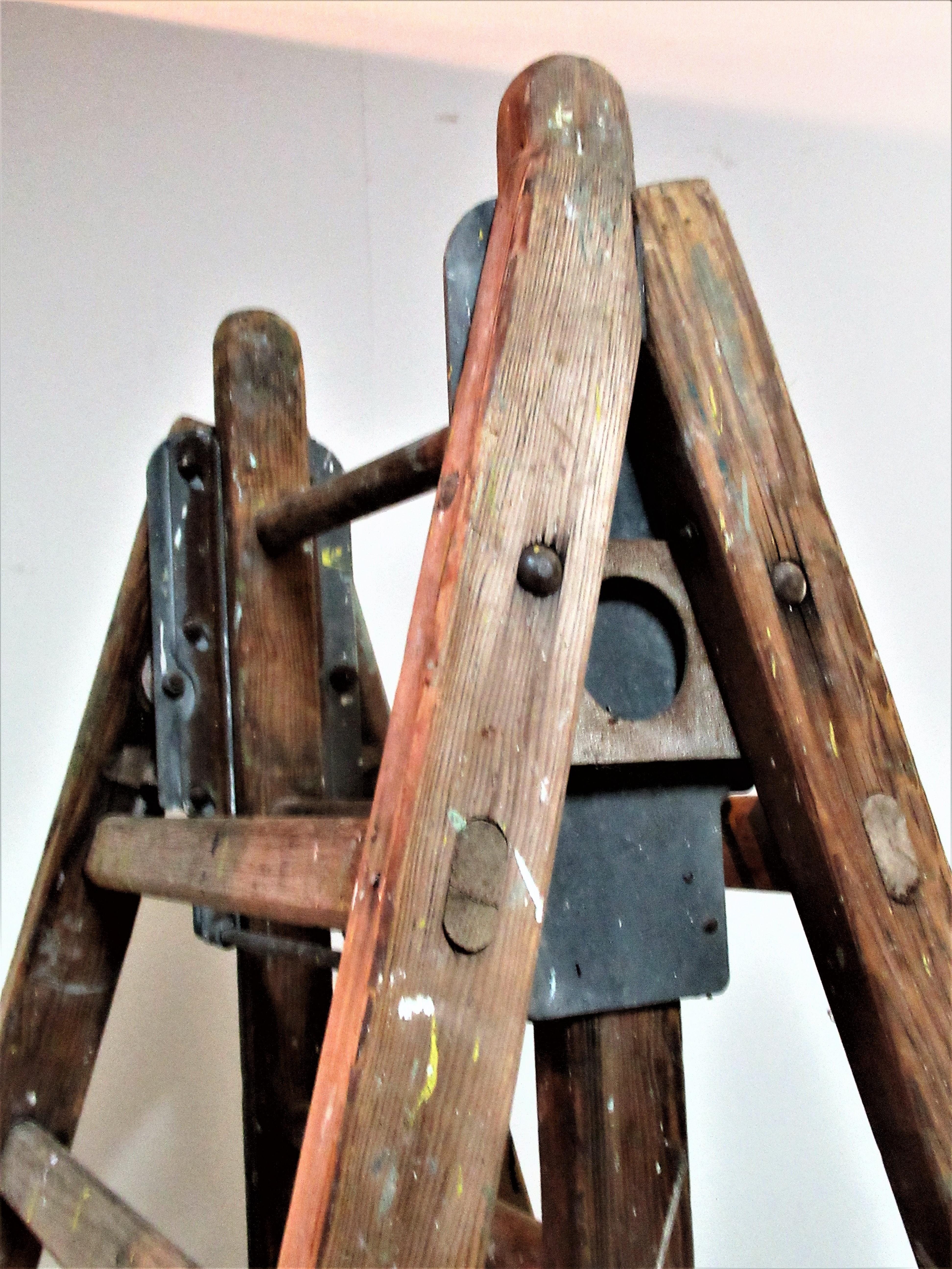 20th Century Antique Industrial Wood and Steel Extension Ladders