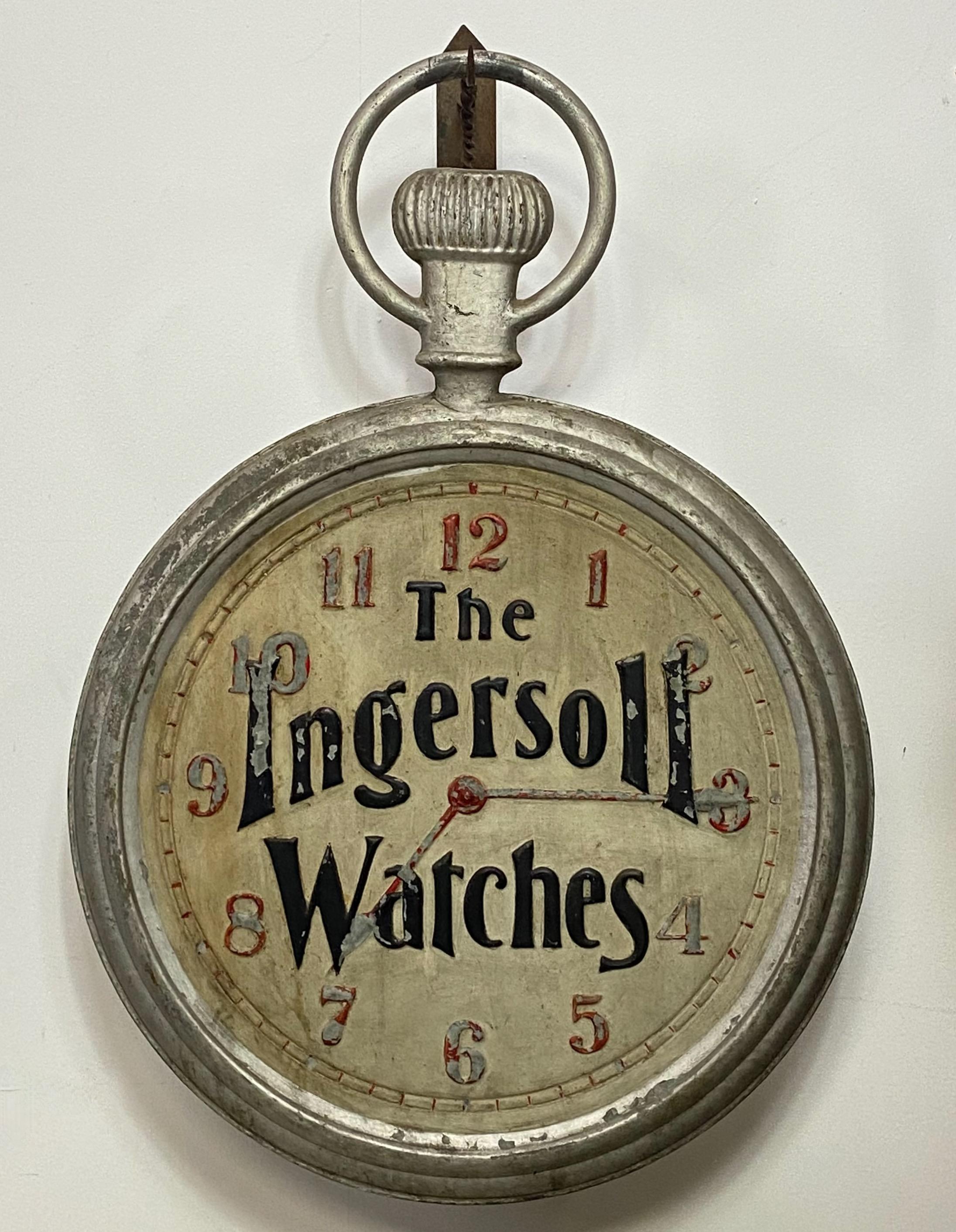 Antikes doppelseitiges Firmenschild für Ingersoll Watches in Form einer Taschenuhr.
Ausgezeichnetes altes Schild im Originalzustand.
Amerikanisch, Ende des 19. bis Anfang des 20. Jahrhunderts.