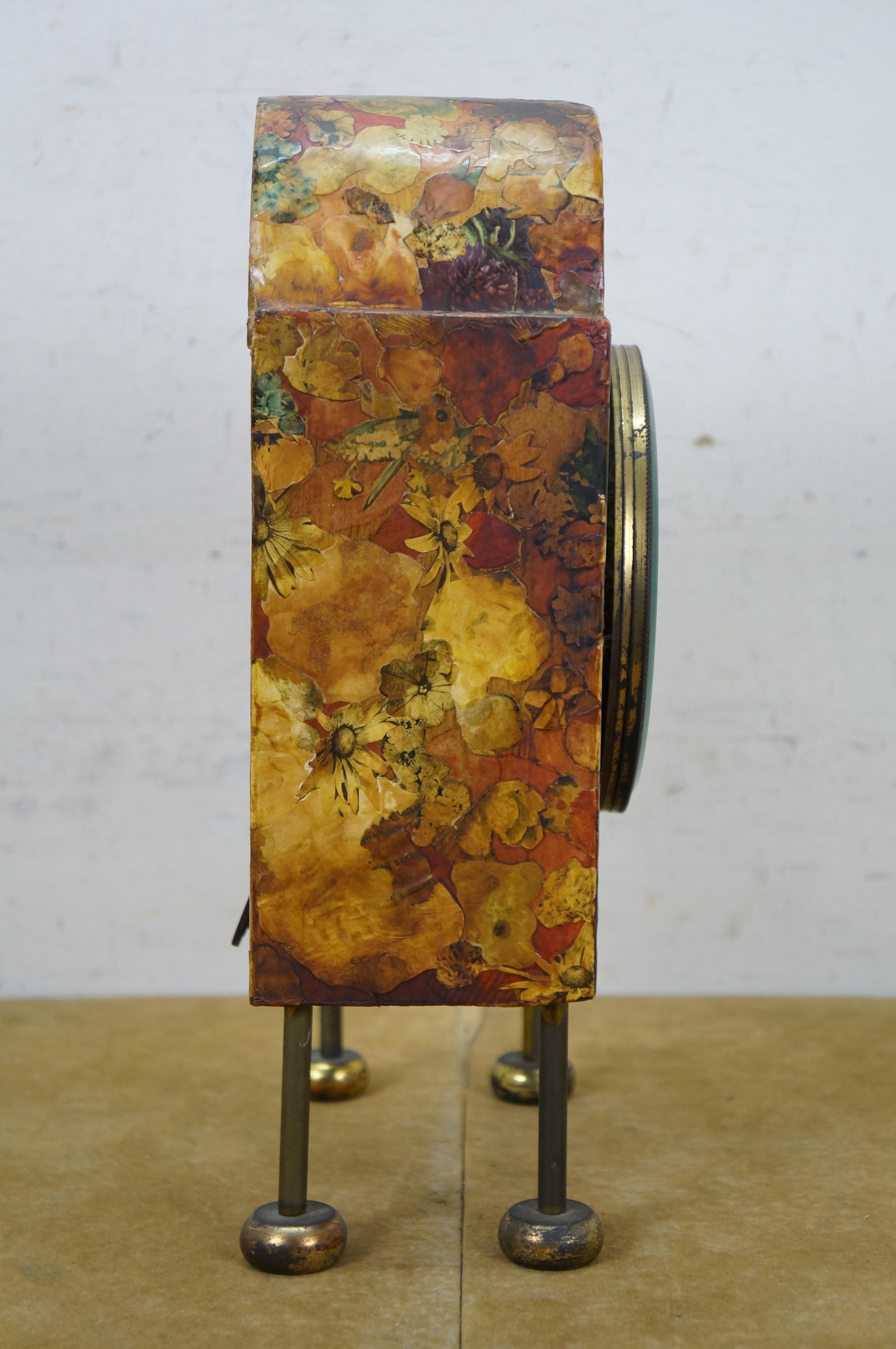 Antique Ingraham Floral Marbelite Decoupage Key Wound Chiming Mantel Clock 13