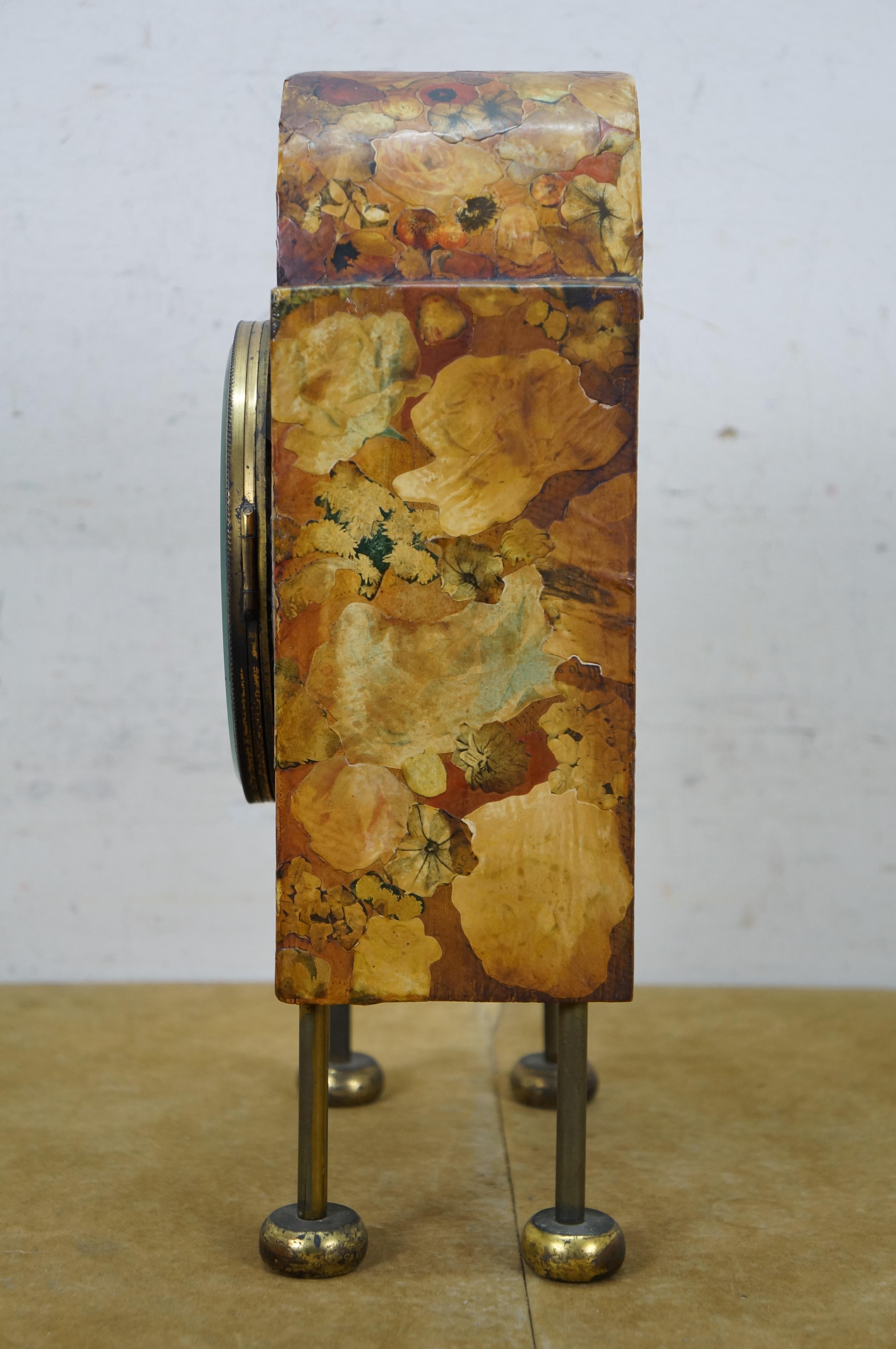 Antique Ingraham Floral Marbelite Decoupage Key Wound Chiming Mantel Clock 13