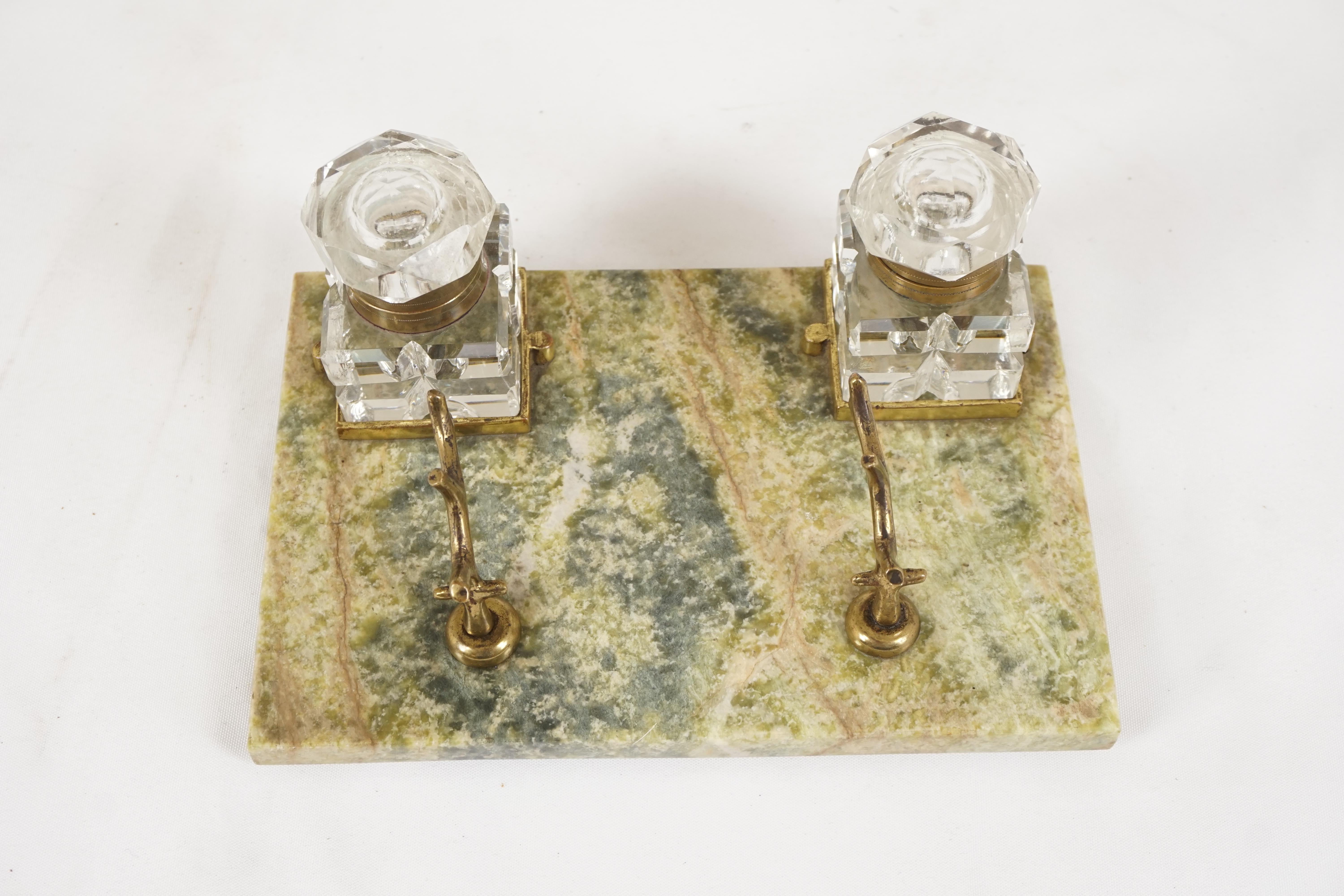 Antique Inkstand, Green Marble, Scotland 1900, H562

Scotland 1900
Green Marble
Pair of two crystal inkwells and lids 
Brass pen rest to the front
All standing on green marble base

H562

Measures: 7 7/8