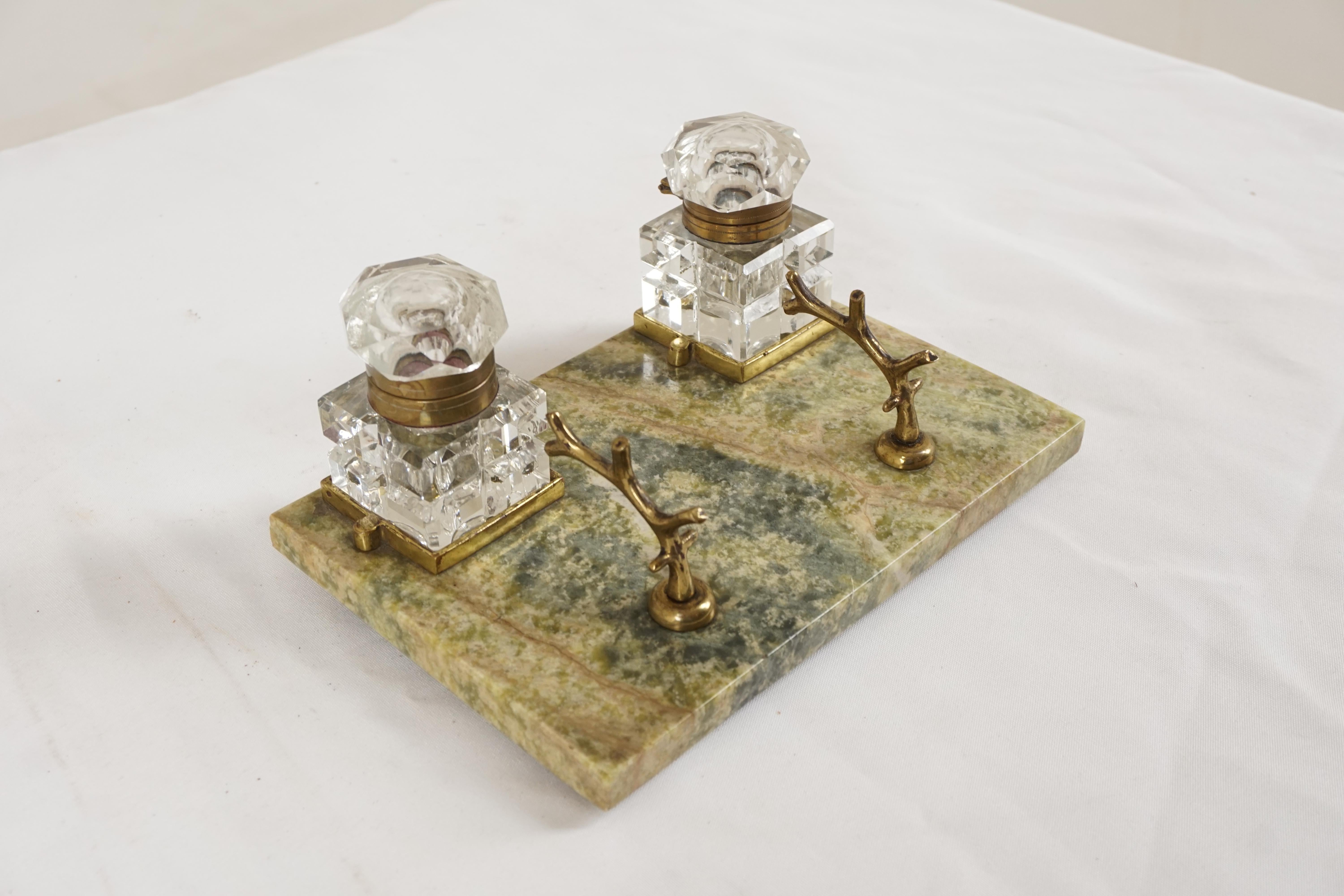 Hand-Crafted Antique Inkstand, Green Marble, Scotland 1900, H562 For Sale