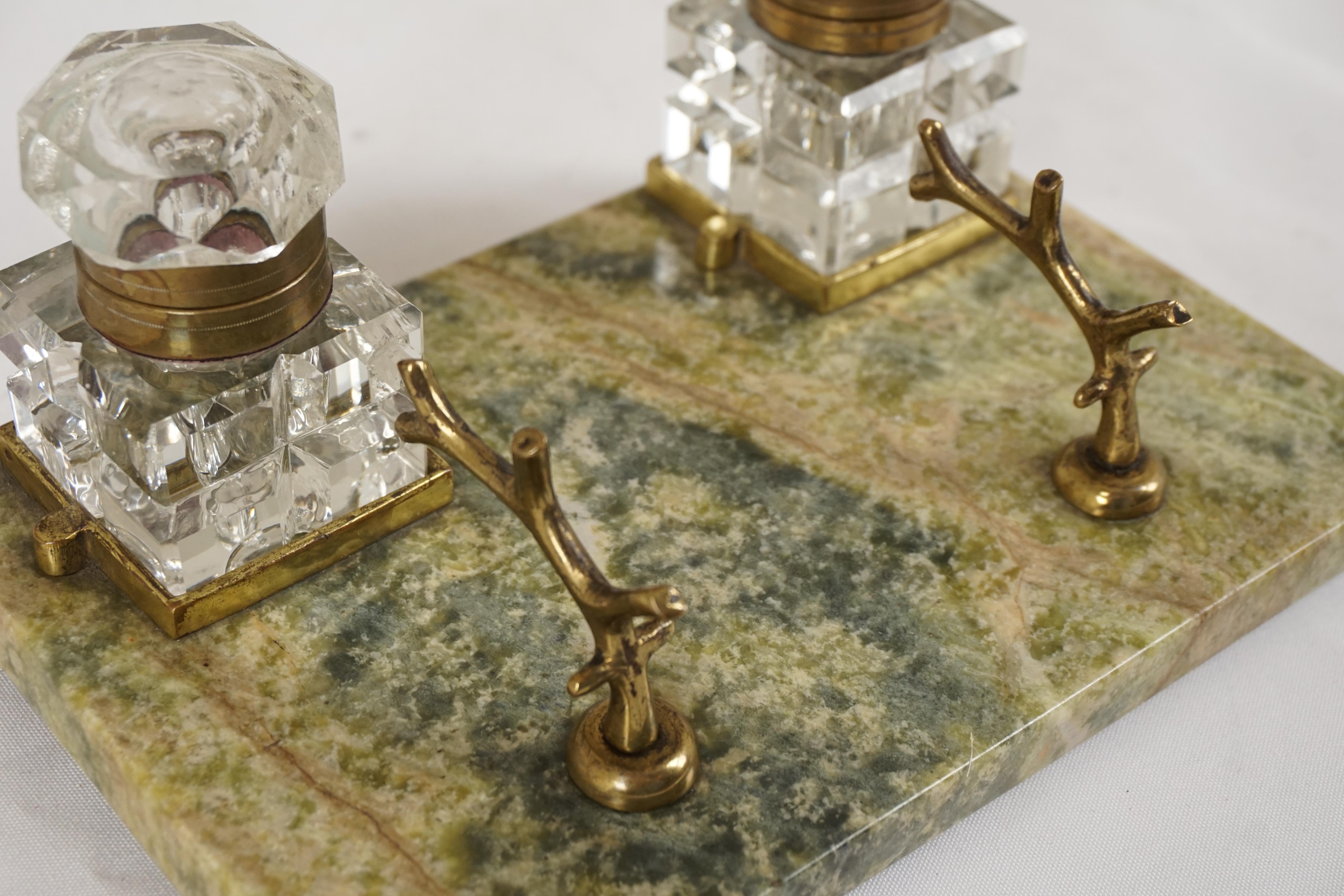 Antique Inkstand, Green Marble, Scotland 1900, H562 In Good Condition For Sale In Vancouver, BC
