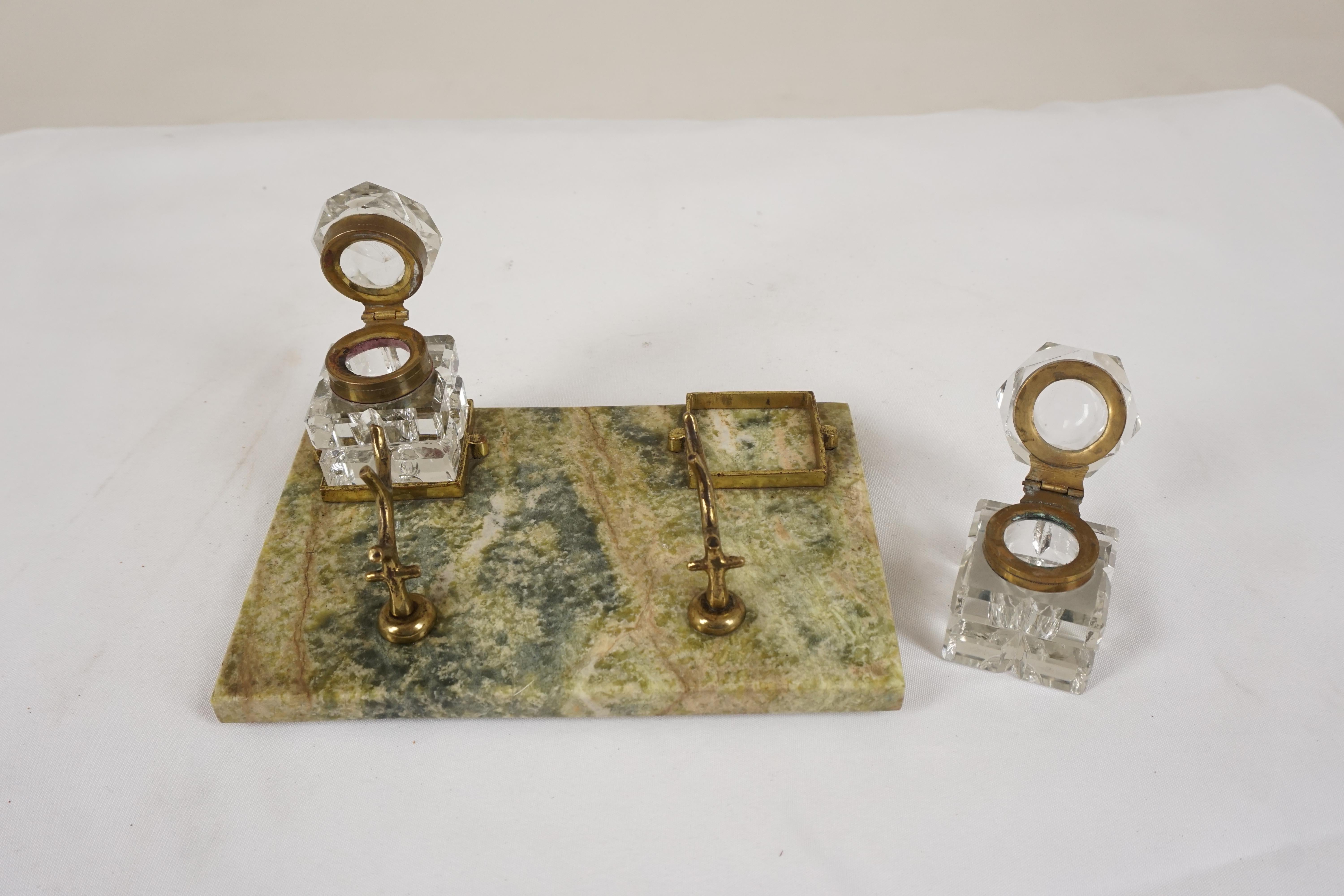 Early 20th Century Antique Inkstand, Green Marble, Scotland 1900, H562 For Sale