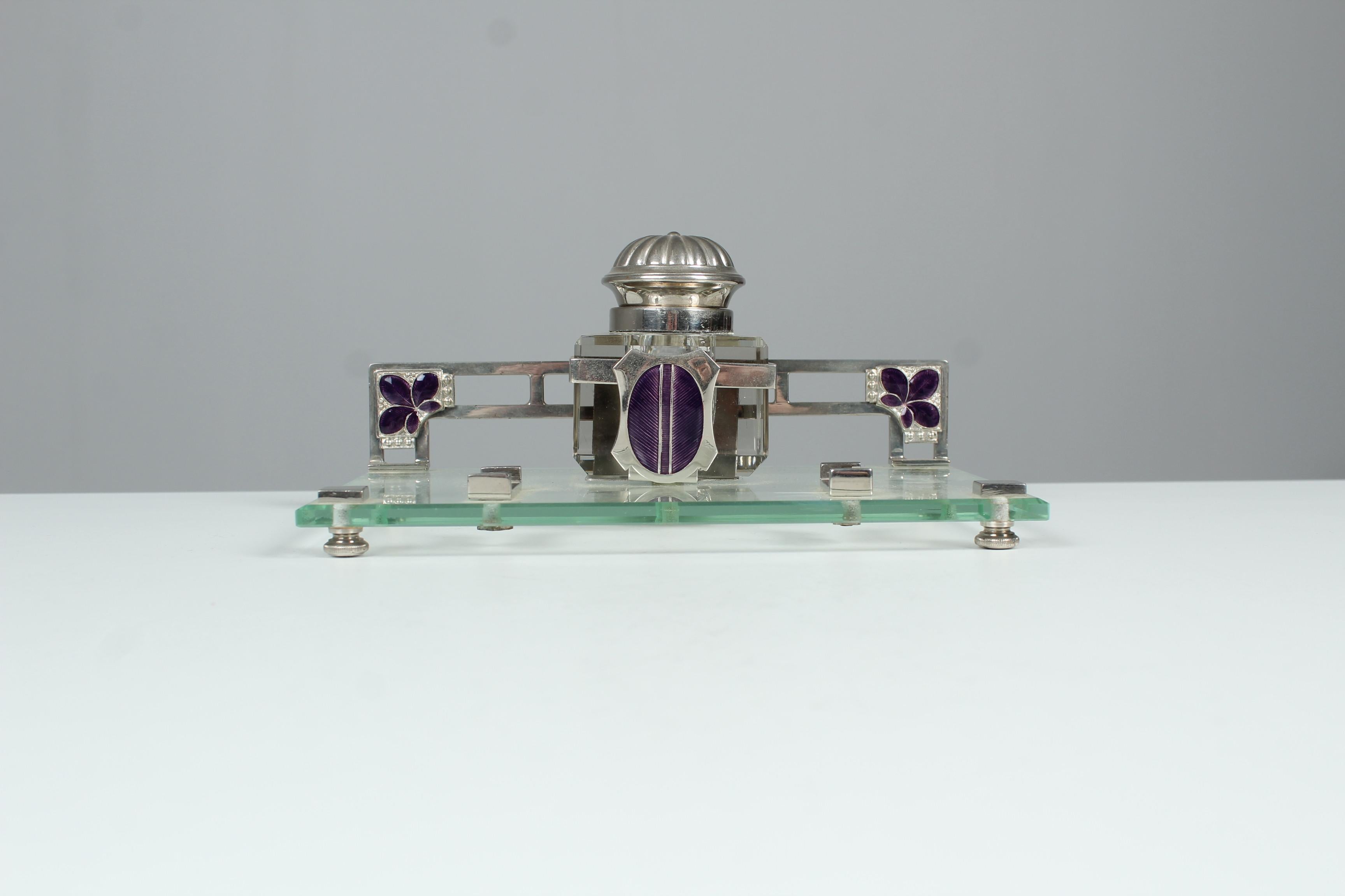 Beautiful silver inkwell with purple ornaments.
Nice authentic condition. 
Art Nouveau.

