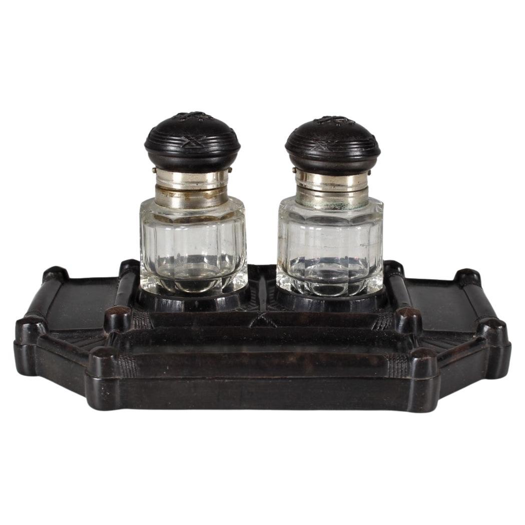 Antique Gutta-Percha Inkwell, Original Glass Inserts, Circa 1880s For Sale