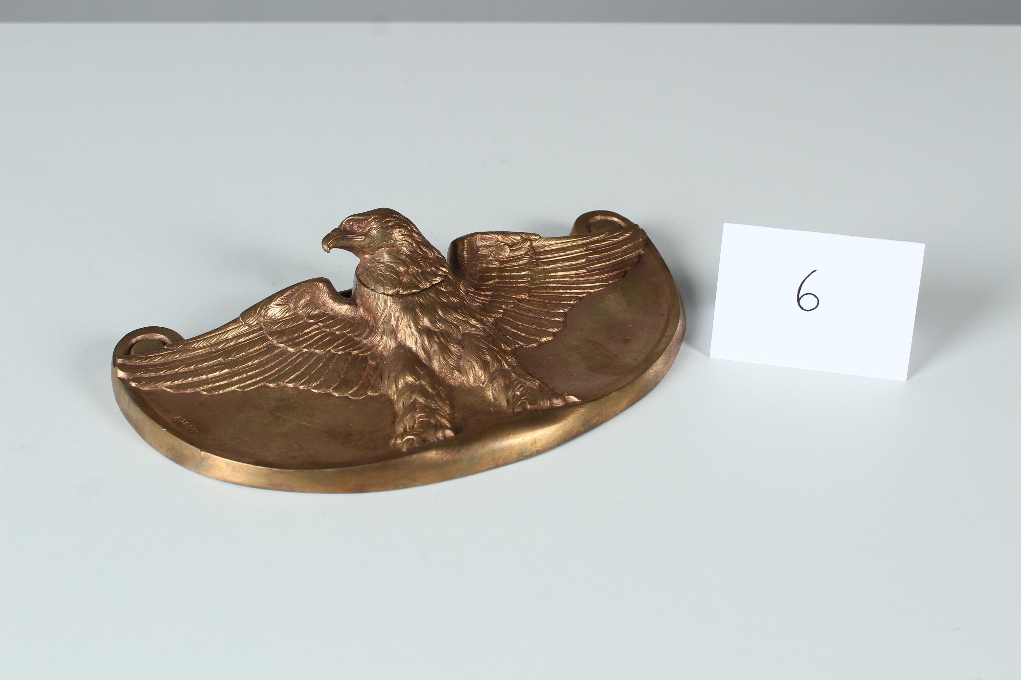 French Antique Inkwell, Bald Eagle, Pen Tray, Gilded Bronze, Signed Frecourt, Art Deco For Sale