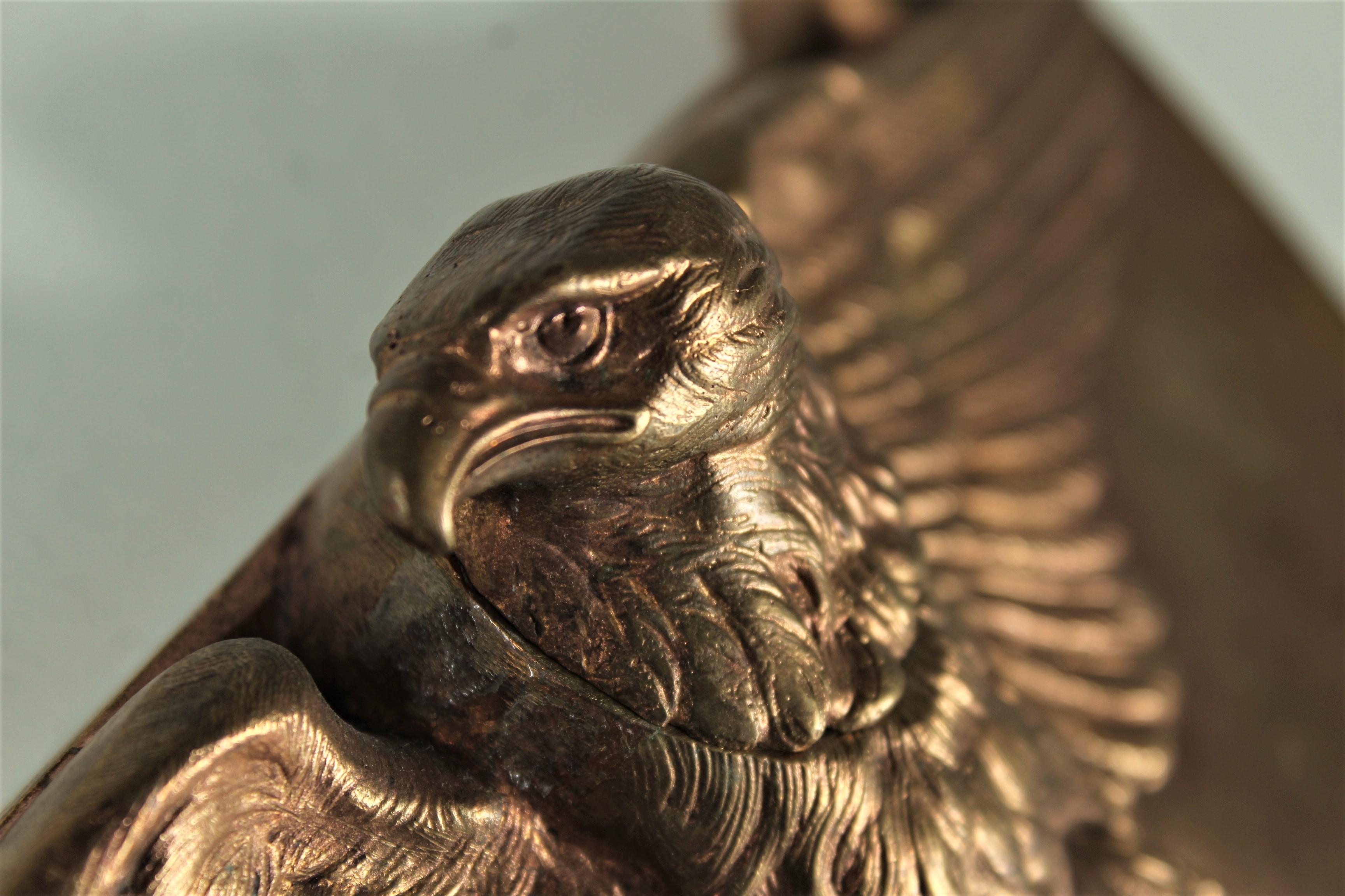 Antique Inkwell, Bald Eagle, Pen Tray, Gilded Bronze, Signed Frecourt, Art Deco In Good Condition For Sale In Greven, DE