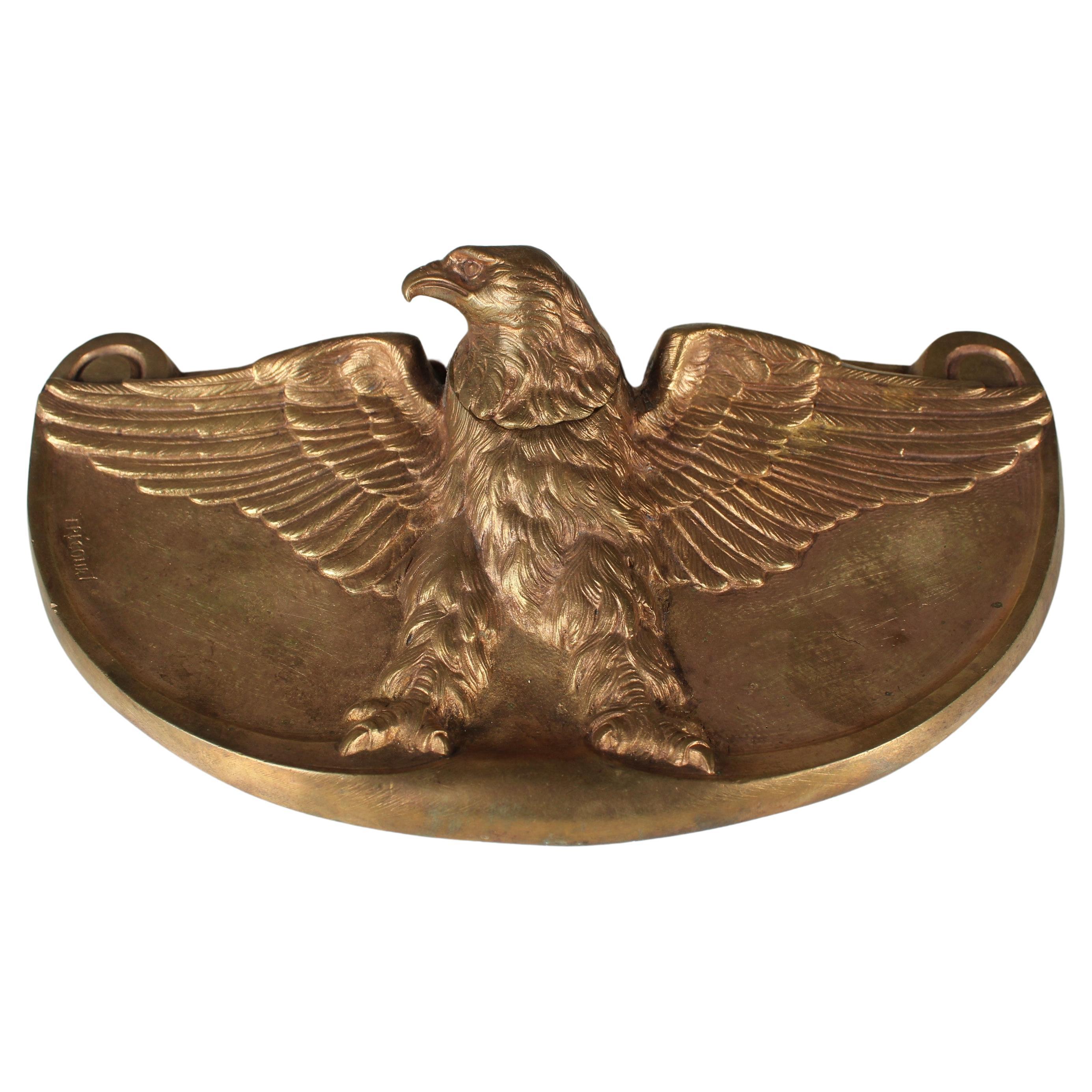 Antique Inkwell, Bald Eagle, Pen Tray, Gilded Bronze, Signed Frecourt, Art Deco For Sale