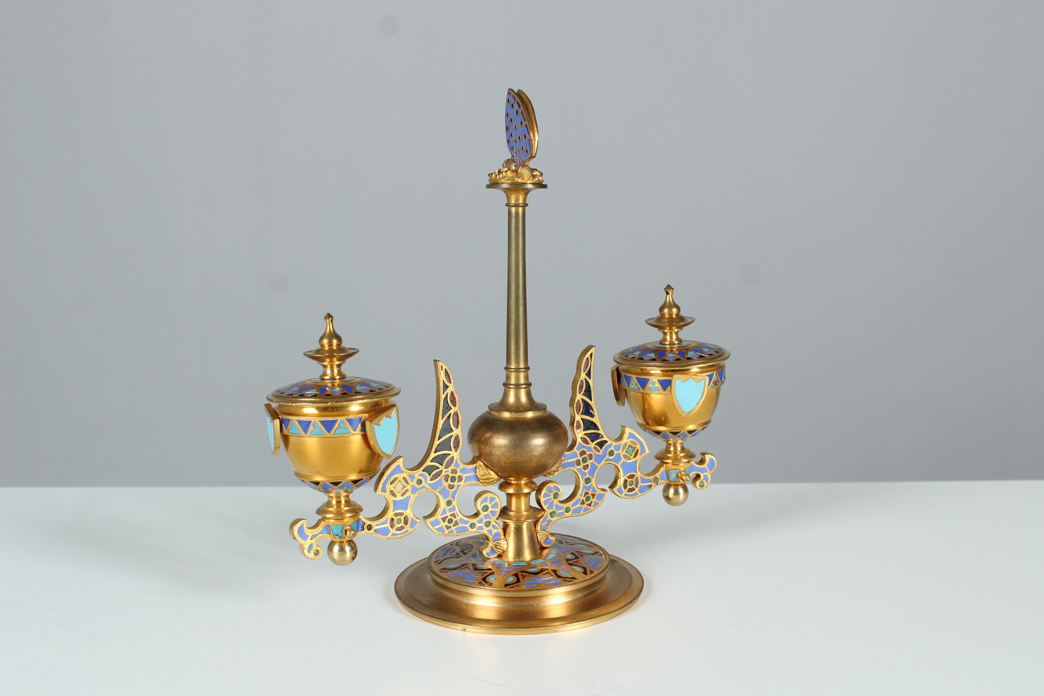 Antique Inkwell, Brass Enameled, Butterfly, Inkstand, France, circa 1880 For Sale 6