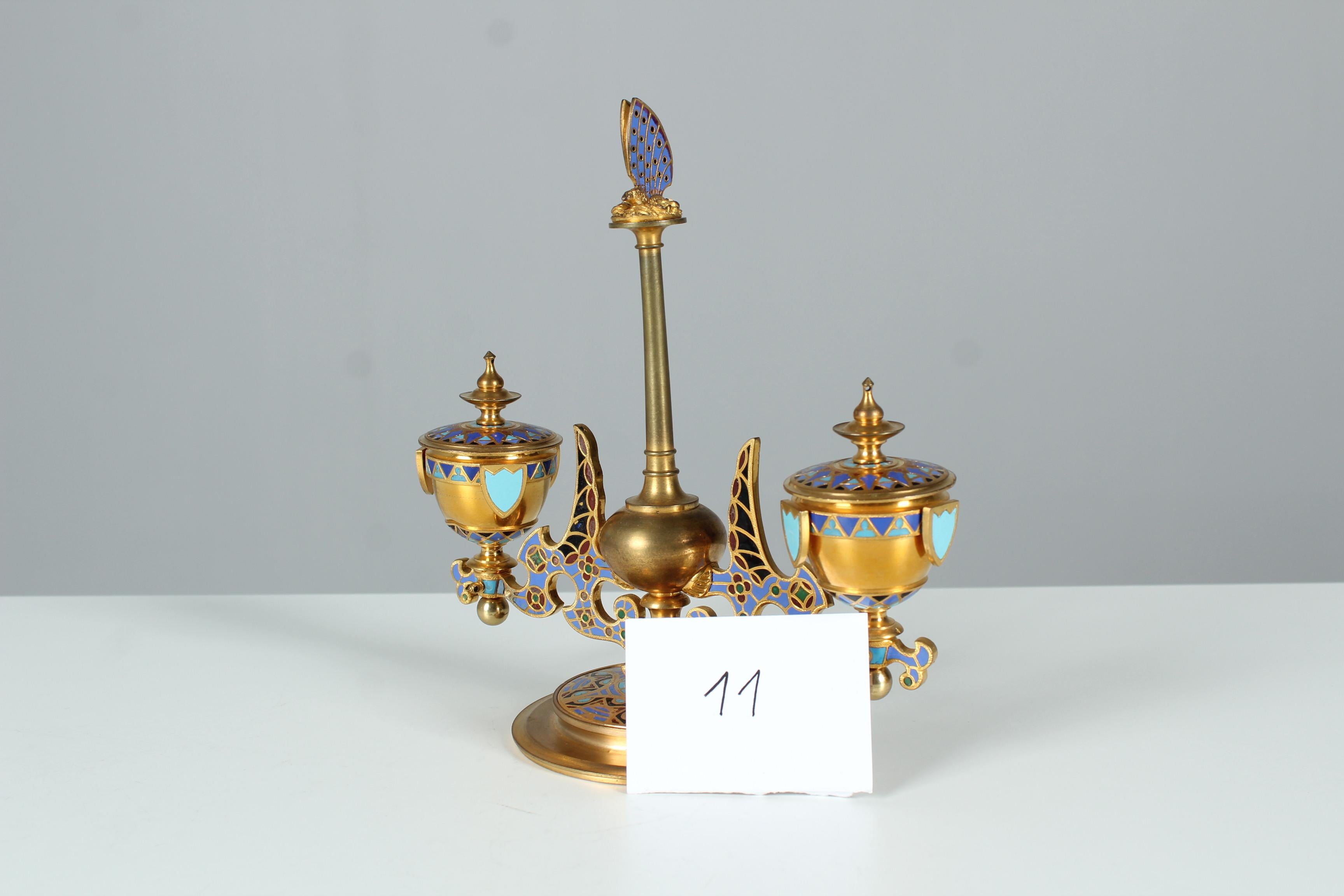 Antique Inkwell, Brass Enameled, Butterfly, Inkstand, France, circa 1880 For Sale 1