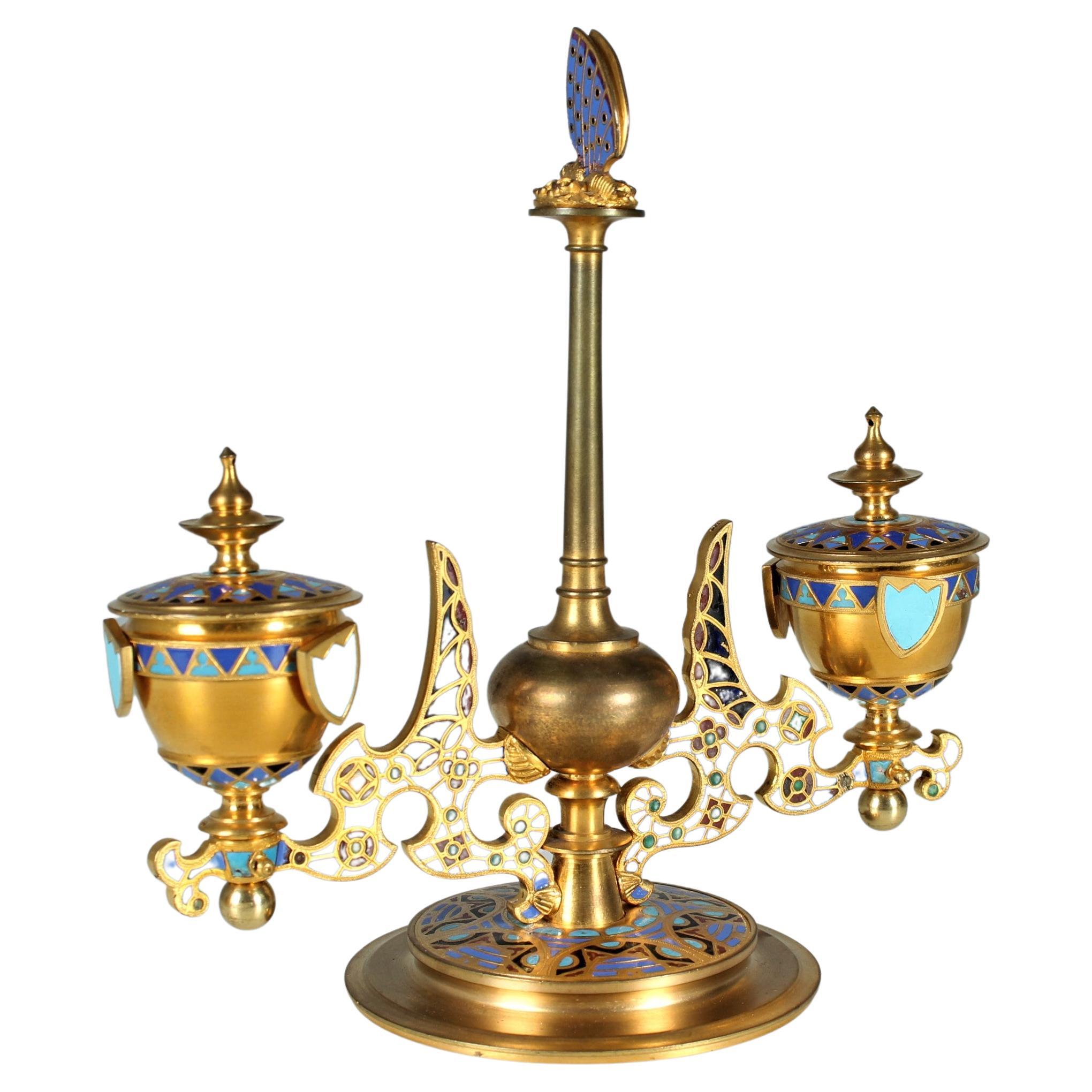 Antique Inkwell, Brass Enameled, Butterfly, Inkstand, France, circa 1880 For Sale